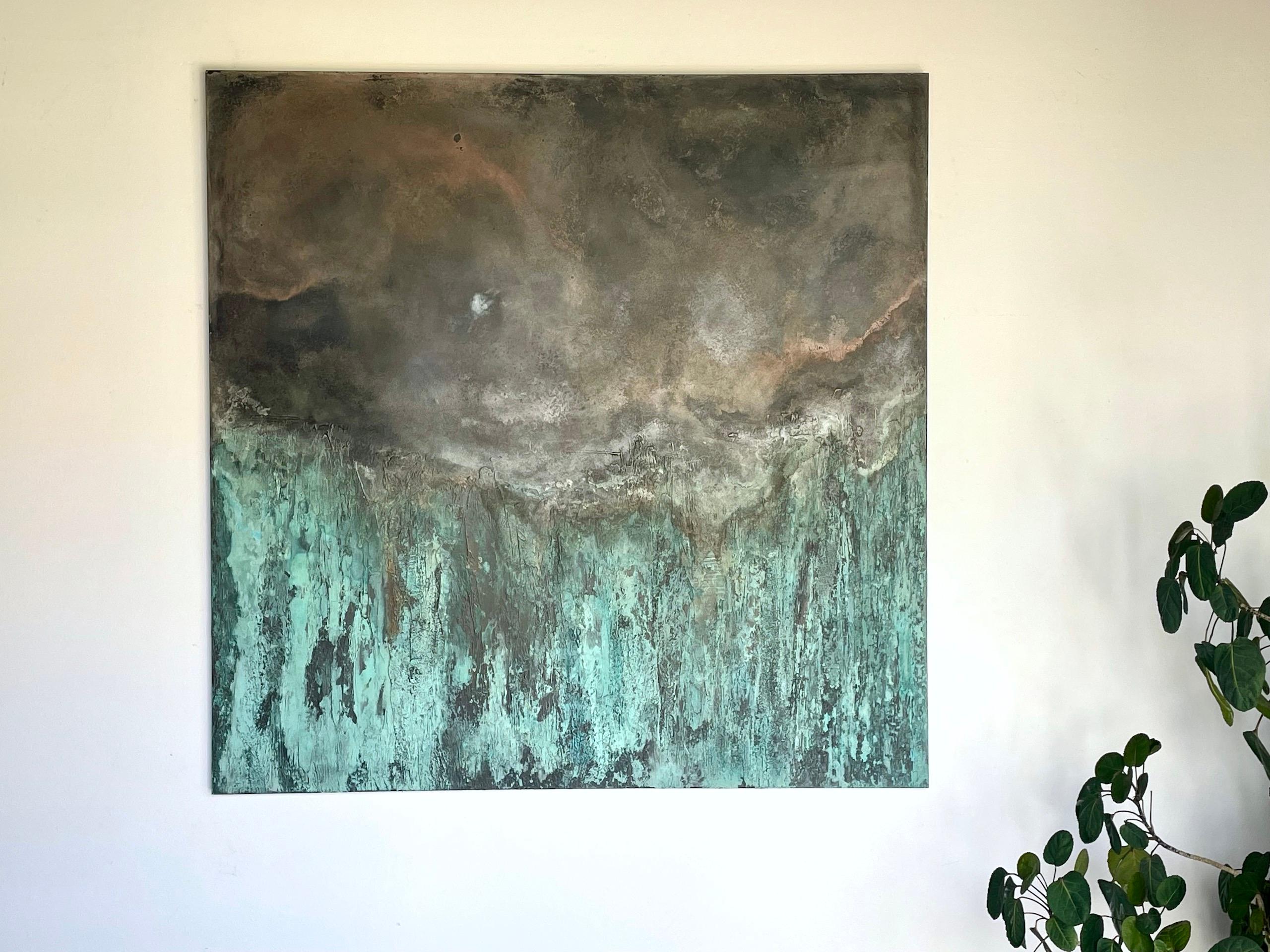 Emerald Waterfall II di Frédérique Domergue - Pittura astratta su foglie di metallo 1