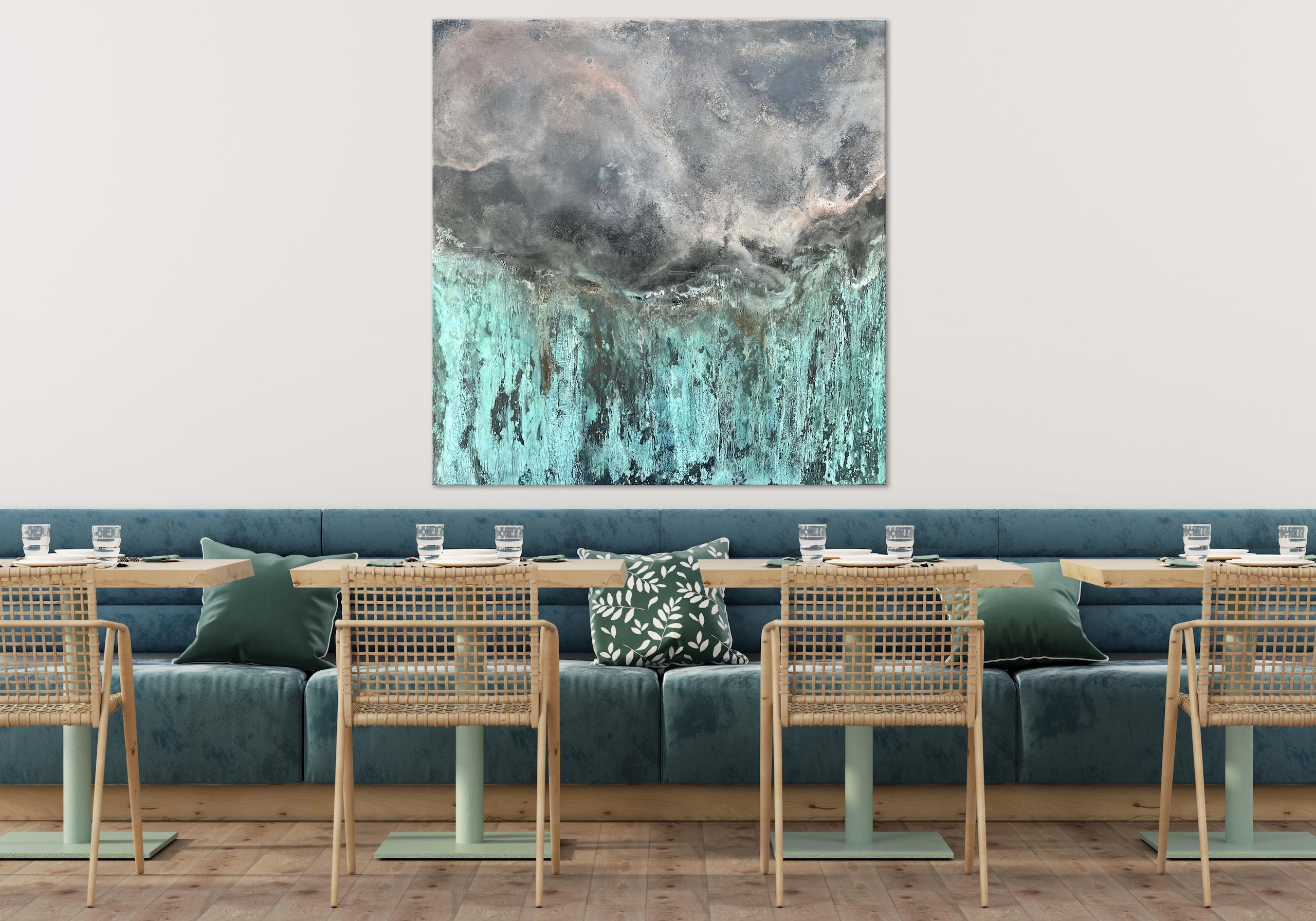 Emerald Waterfall II di Frédérique Domergue - Pittura astratta su foglie di metallo 6