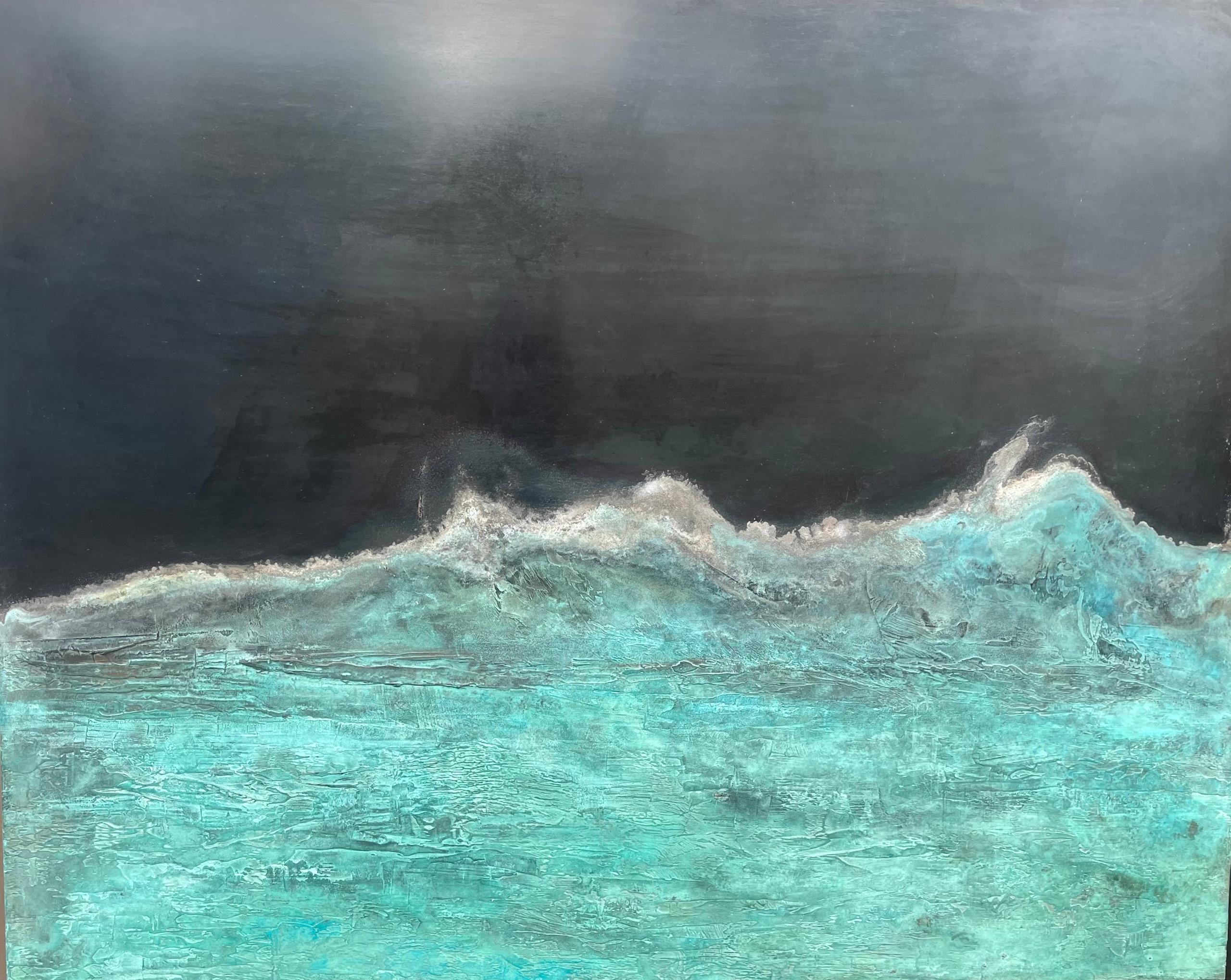 Frost horizon on Enceladus II is a unique painting by French contemporary artist Frédérique Domergue. This painting is made with oxidized zinc and bronze leaves on aluminium panel, patina fixed with beeswax, dimensions are 80 × 100 cm (31.5 × 39.4