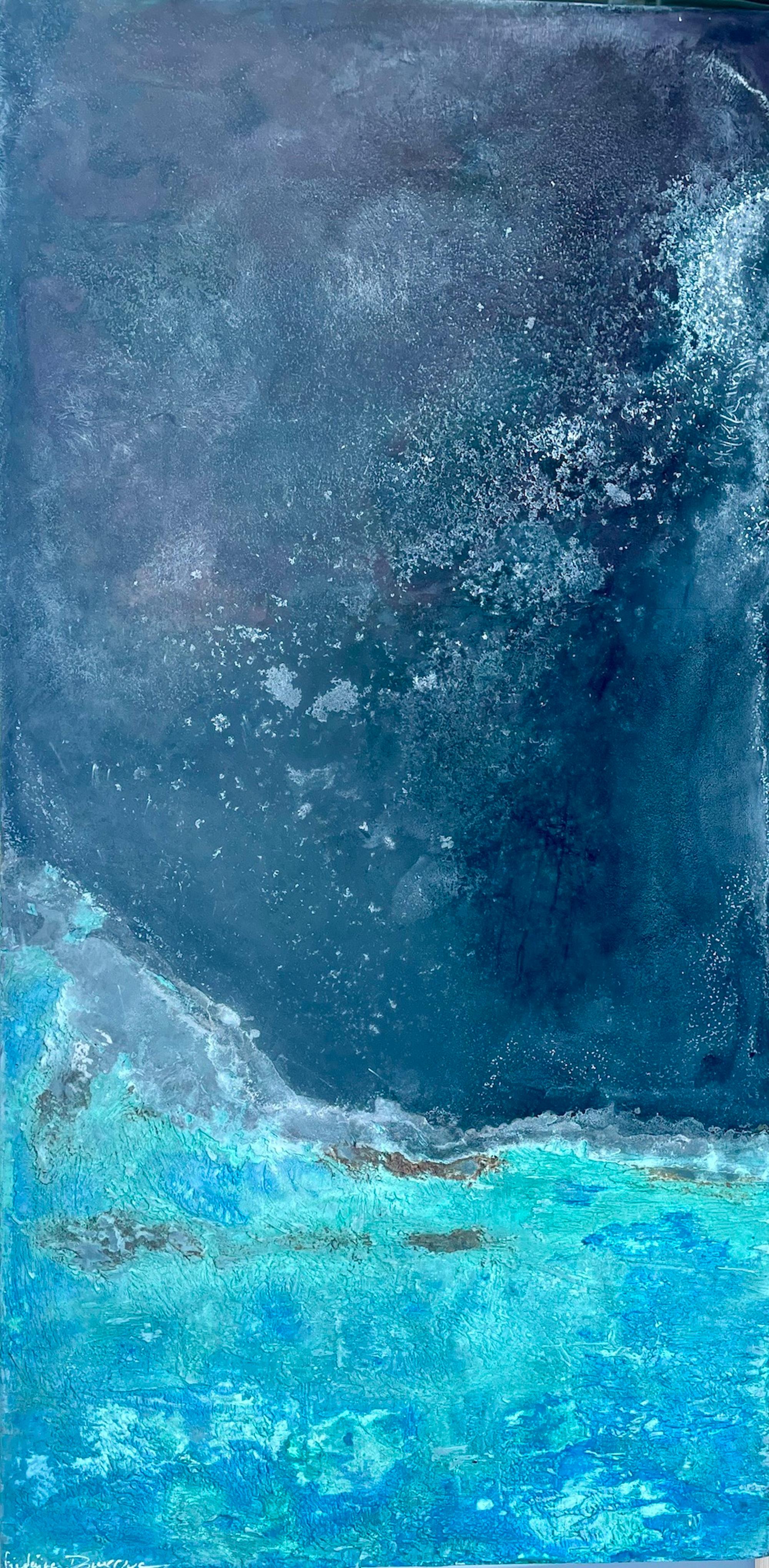 Frosted Sky is a unique painting by French contemporary artist Frédérique Domergue. This painting is made with oxidized zinc and bronze leaves on honeycomb aluminum panel and patina fixed with beeswax, dimensions are 100 × 50 cm (39.3 × 19.6 in).