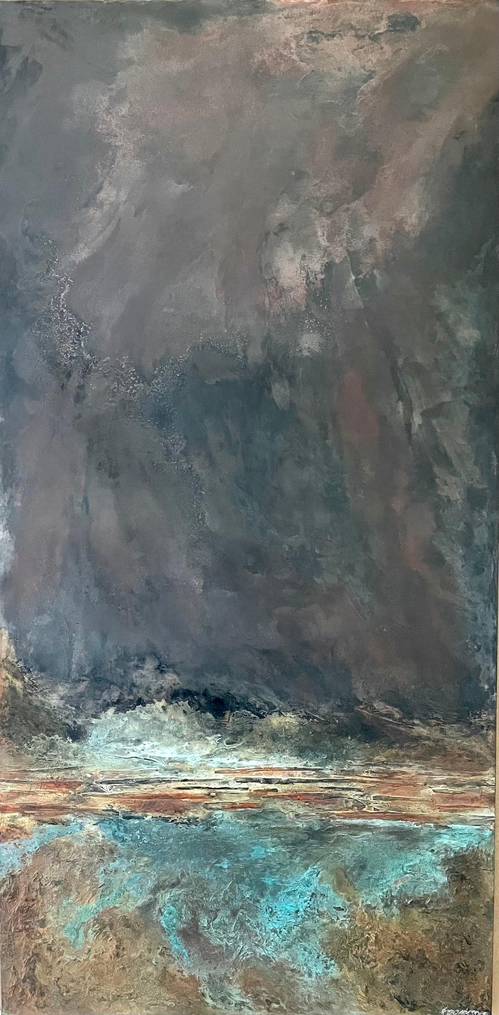 Infinity II is a unique painting by French contemporary artist Frédérique Domergue. This painting is made with oxidized zinc and bronze leaves on aluminium panel, patina fixed with beeswax, dimensions are 200 × 100 cm (78.7 × 39.4 in).
The artwork