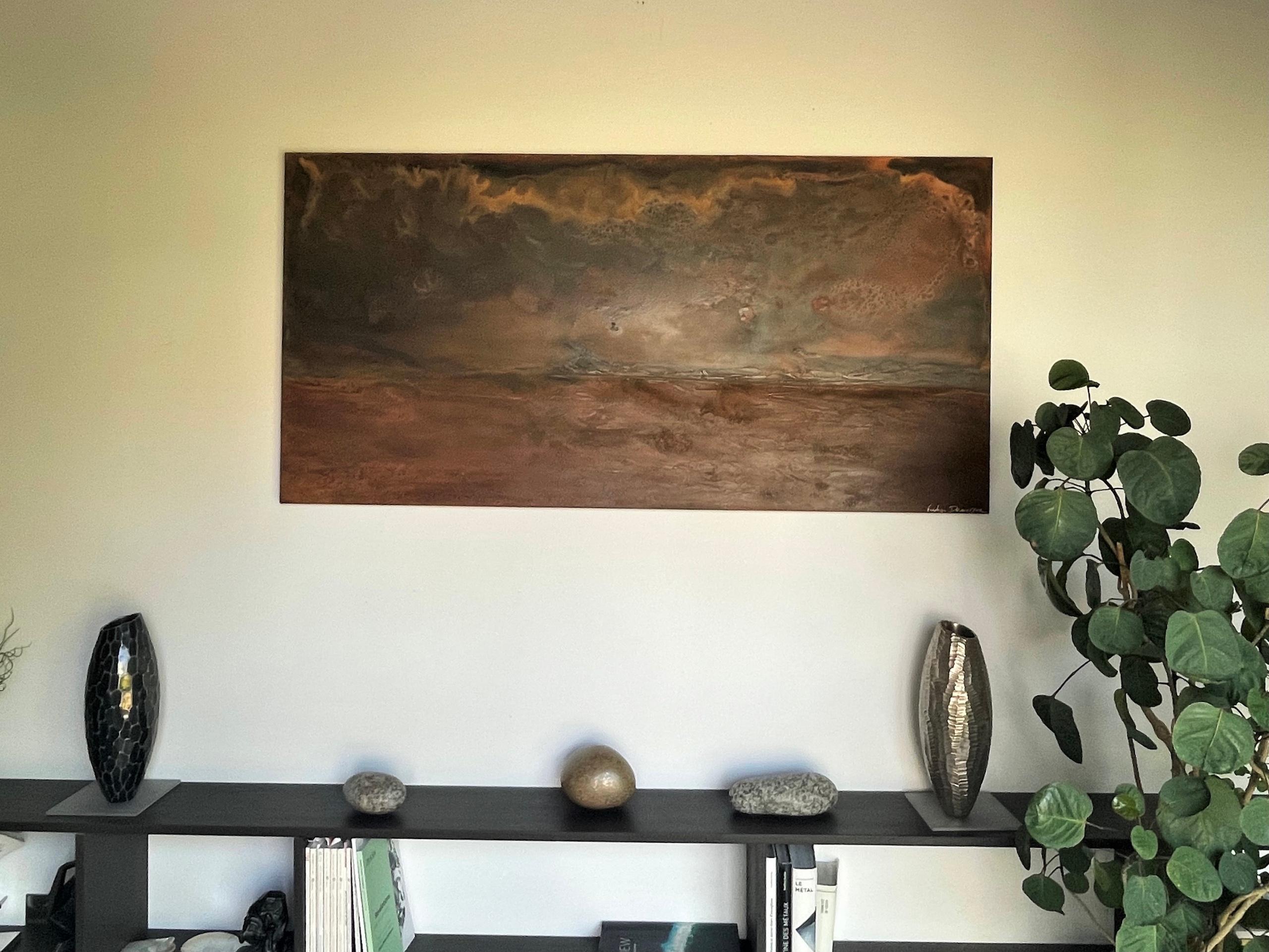 Infinity on Danakil is a unique painting by French contemporary artist Frédérique Domergue. This painting is made with oxidized zinc and bronze leaves on aluminium panel, patina fixed with beeswax, dimensions are 75 × 150 cm (29.5 × 59.1 in).
The