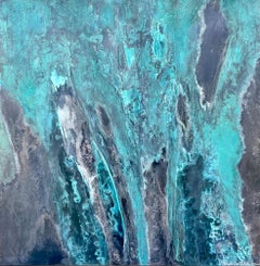 Shore by Frédérique Domergue - Abstract painting on metal leaves, sea, blue tone