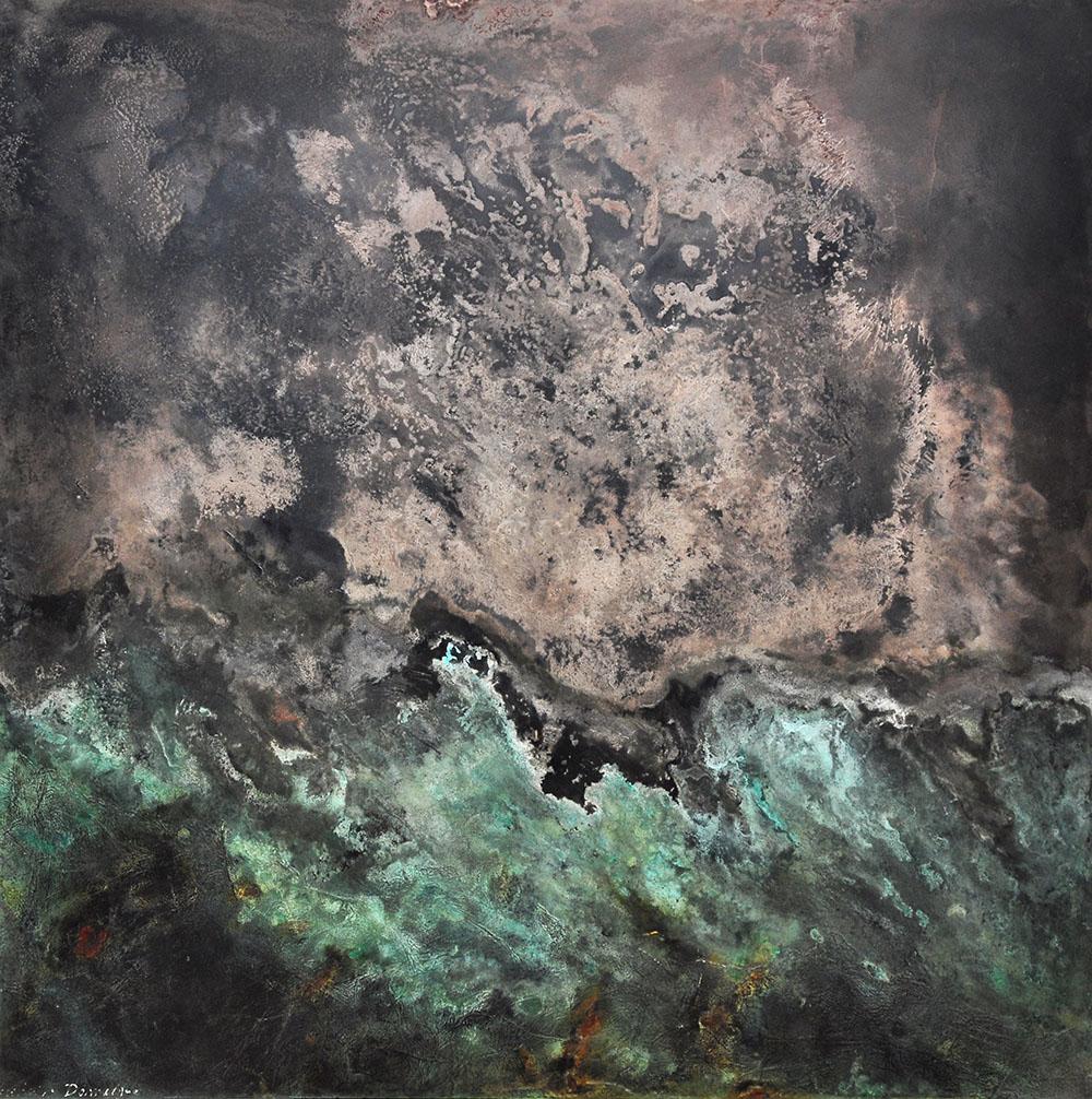 Sublimation is a unique painting by French contemporary artist Frédérique Domergue. This painting is made with oxidized zinc and bronze leaves on aluminium panel, patina fixed with beeswax, dimensions are 100 × 100 cm (39.4 × 39.4 in).
The artwork