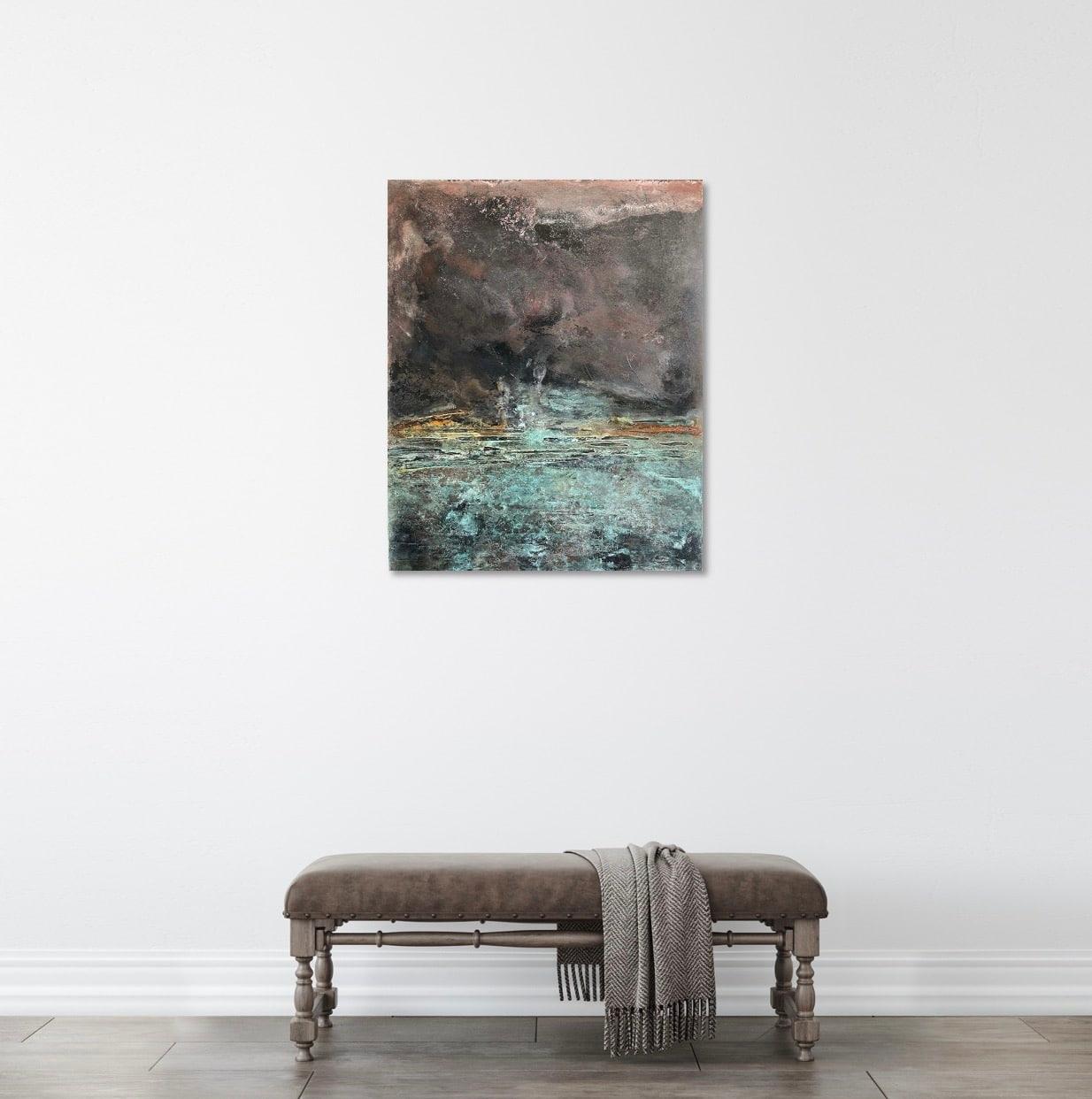 Surfacing par Frédérique Domergue - Peinture abstraite, feuilles de métal, mer, ciel en vente 1