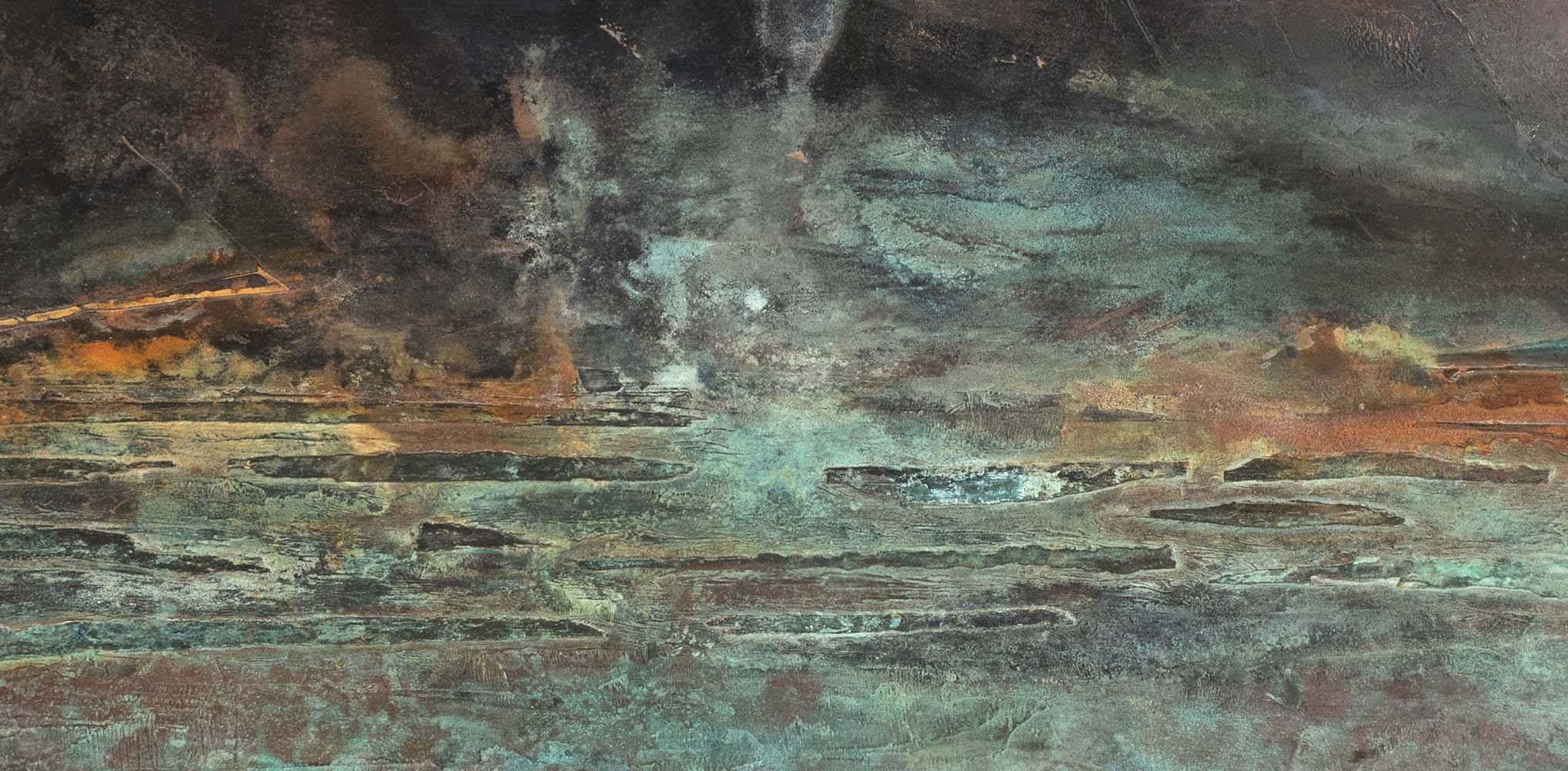 Surfacing by Frédérique Domergue - Abstract painting, metal leaves, sea, sky en vente 2