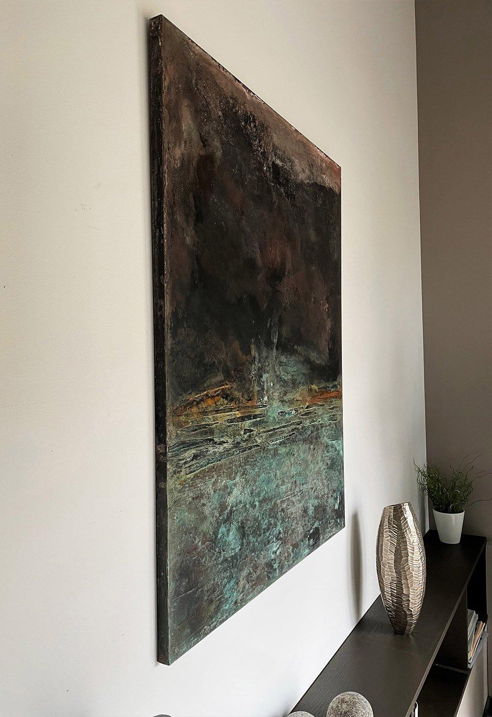 Surfacing by Frédérique Domergue - Abstract painting, metal leaves, sea, sky en vente 3