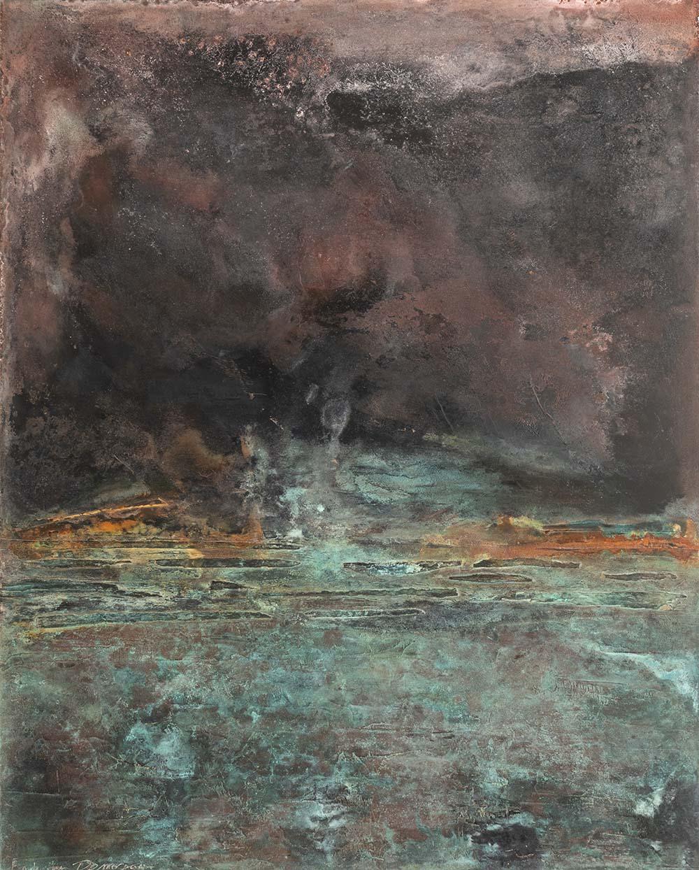 Surfacing is a unique painting by French contemporary artist Frédérique Domergue. This painting is made with oxidized zinc and bronze leaves on aluminium panel, patina fixed with beeswax, dimensions are 100 × 80 cm (39.4 × 31.5 in).
The artwork is
