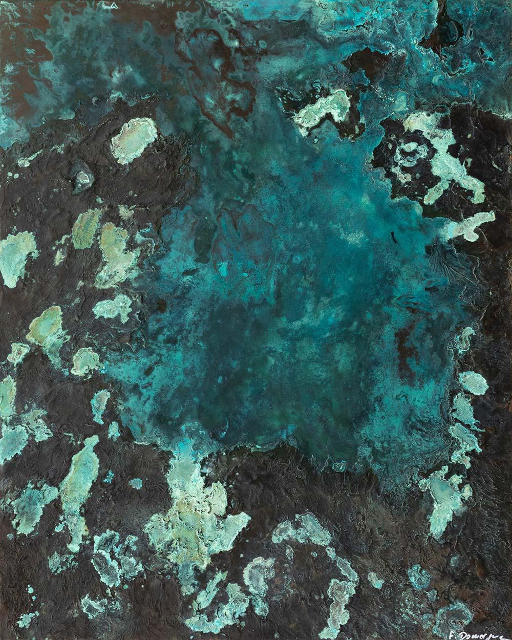The Emerald Archipelago is a unique painting by French contemporary artist Frédérique Domergue. This painting is made with oxidized bronze leaves on aluminium panel, patina fixed with beeswax, dimensions are 100 × 80 cm (39.4 × 31.5 in).
The artwork