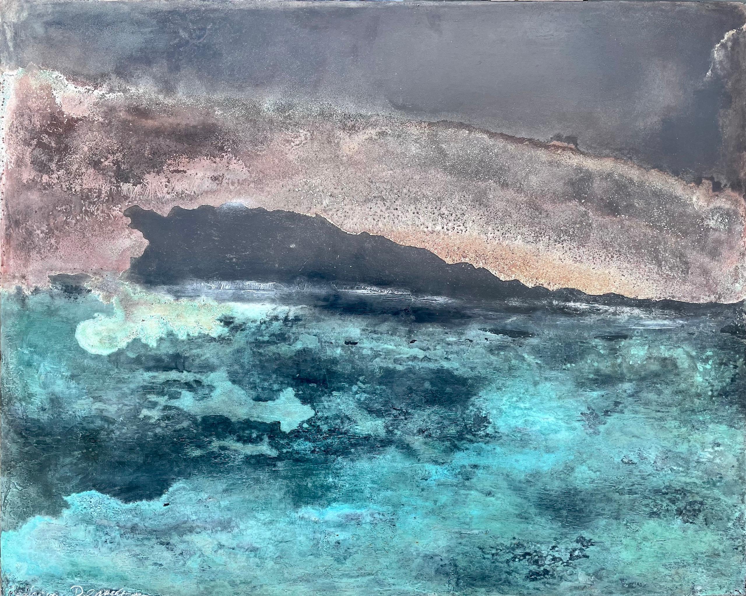 The Shadow of the Sky II is a unique painting by French contemporary artist Frédérique Domergue. This painting is made with oxidized zinc and bronze leaves on honeycomb aluminium panel, patina fixed with beeswax polish, dimensions are 60 × 75 cm