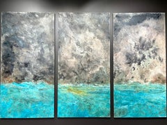 Threshold by Frédérique Domergue, Abstract Painting on Metal, black, turquoise
