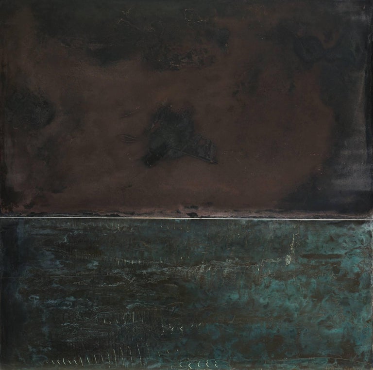 Untitled LXIV (2015) by French contemporary artist Frédérique Domergue.
Oxidized zinc and bronze leaves on a wood panel, 100 cm × 100 cm.
Through polishing and oxidation, the artist bestows upon metal a warmth, softness and sensuality which makes