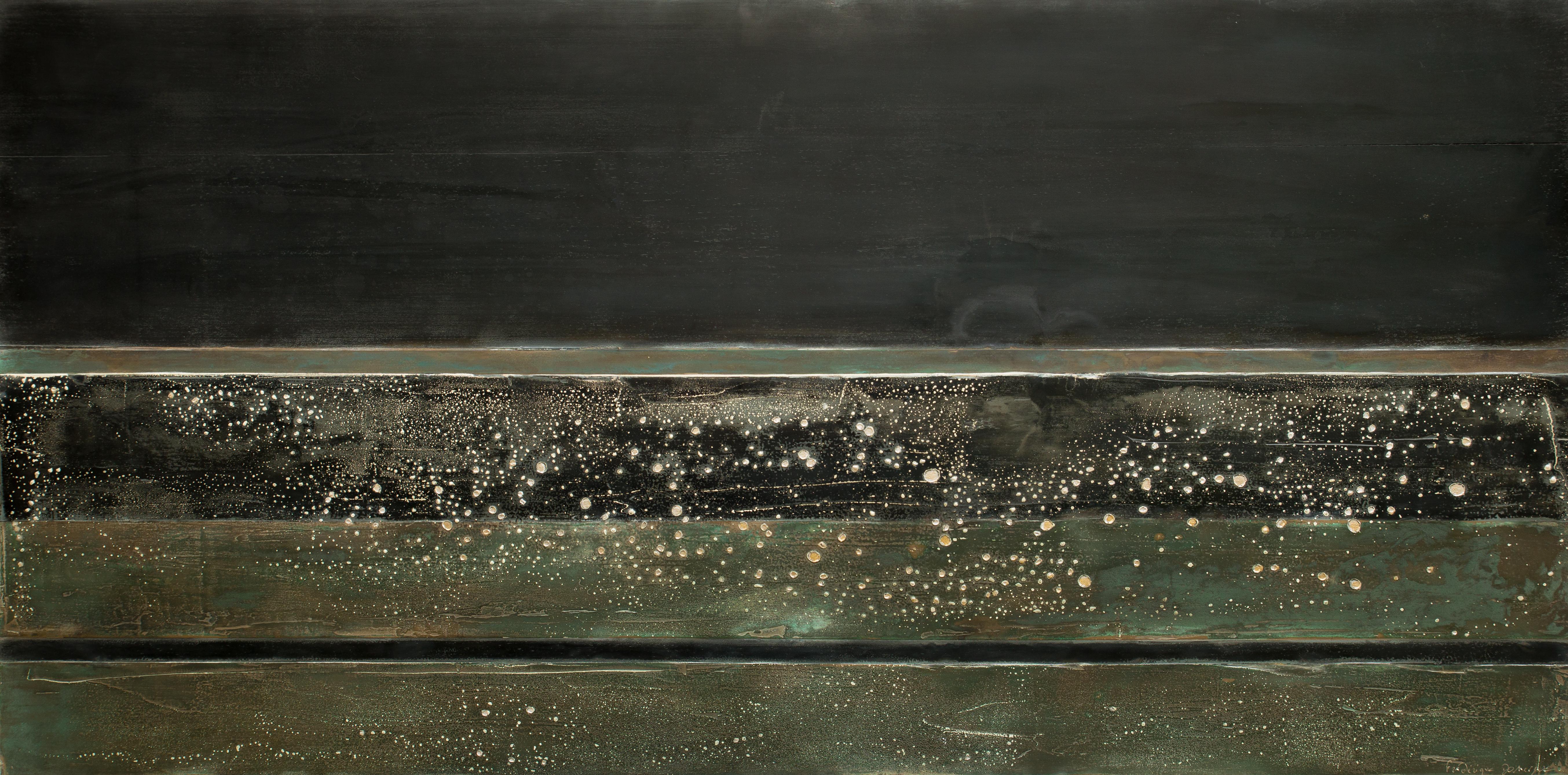 Untitled X is a unique painting by French contemporary artist Frédérique Domergue. This painting is made with oxidized zinc and bronze leaves on aluminium panel, patina fixed with beeswax, dimensions are 60 × 120 cm (23.6 × 47.2 in). 
The artwork is