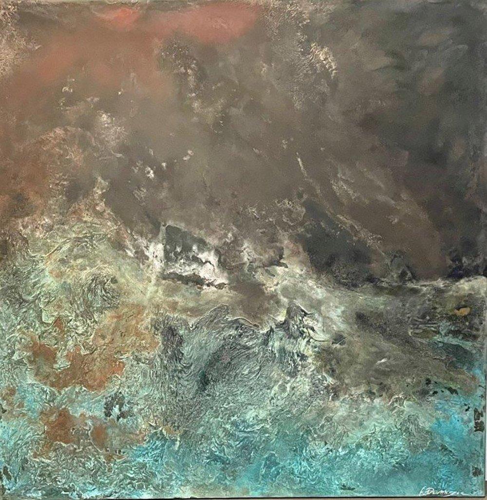 Vertigo est une peinture de l'artiste contemporaine française Frédérique Domergue.
Feuilles de zinc et de bronze oxydées sur panneau d'aluminium, patinées et polies à la cire d'abeille.
100 x 100 cm // 39.37 in. x 39.37 in.
Frédérique Domergue