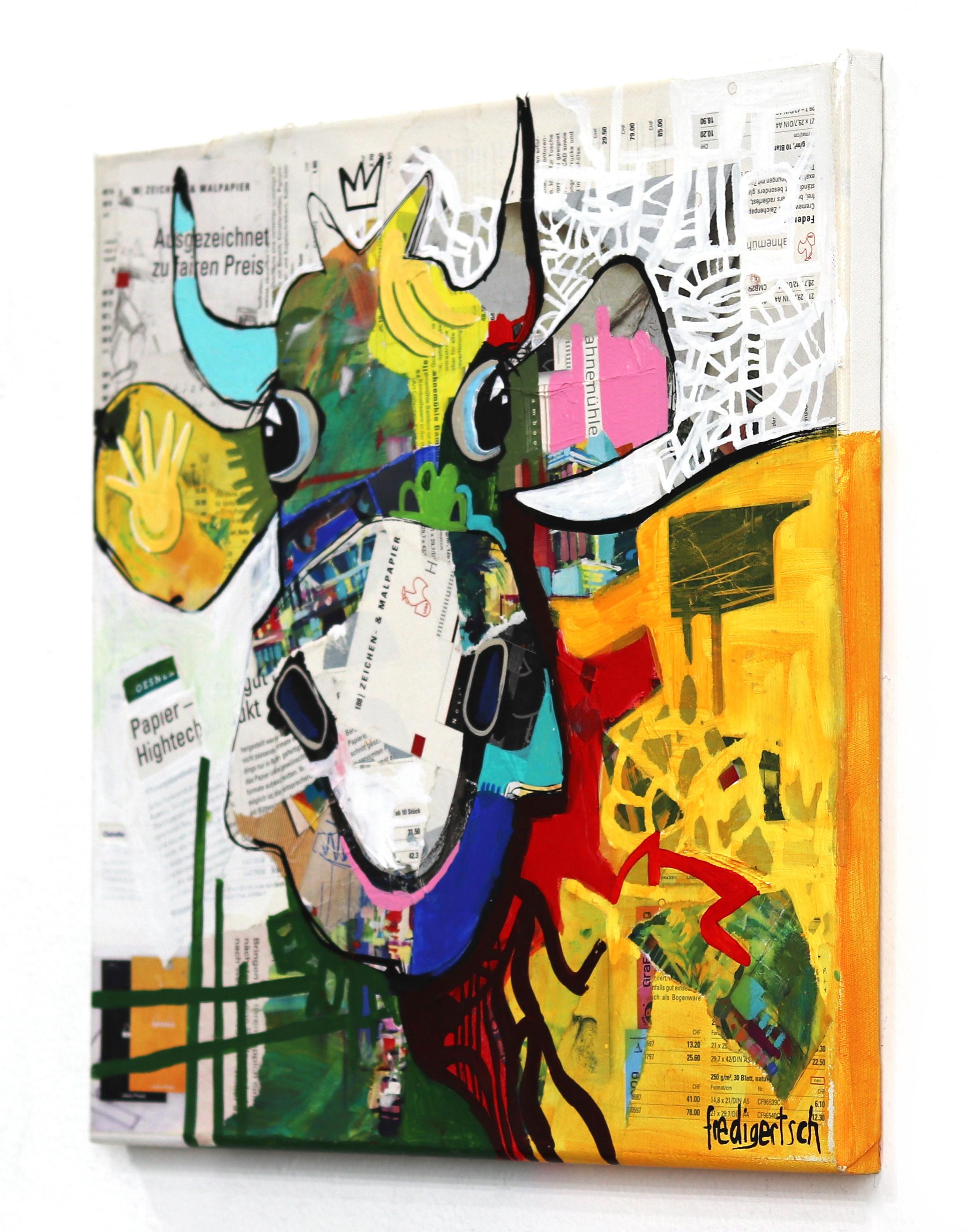Cutie Callie - Peinture originale colorée Pop Art - Happy Cow en vente 1