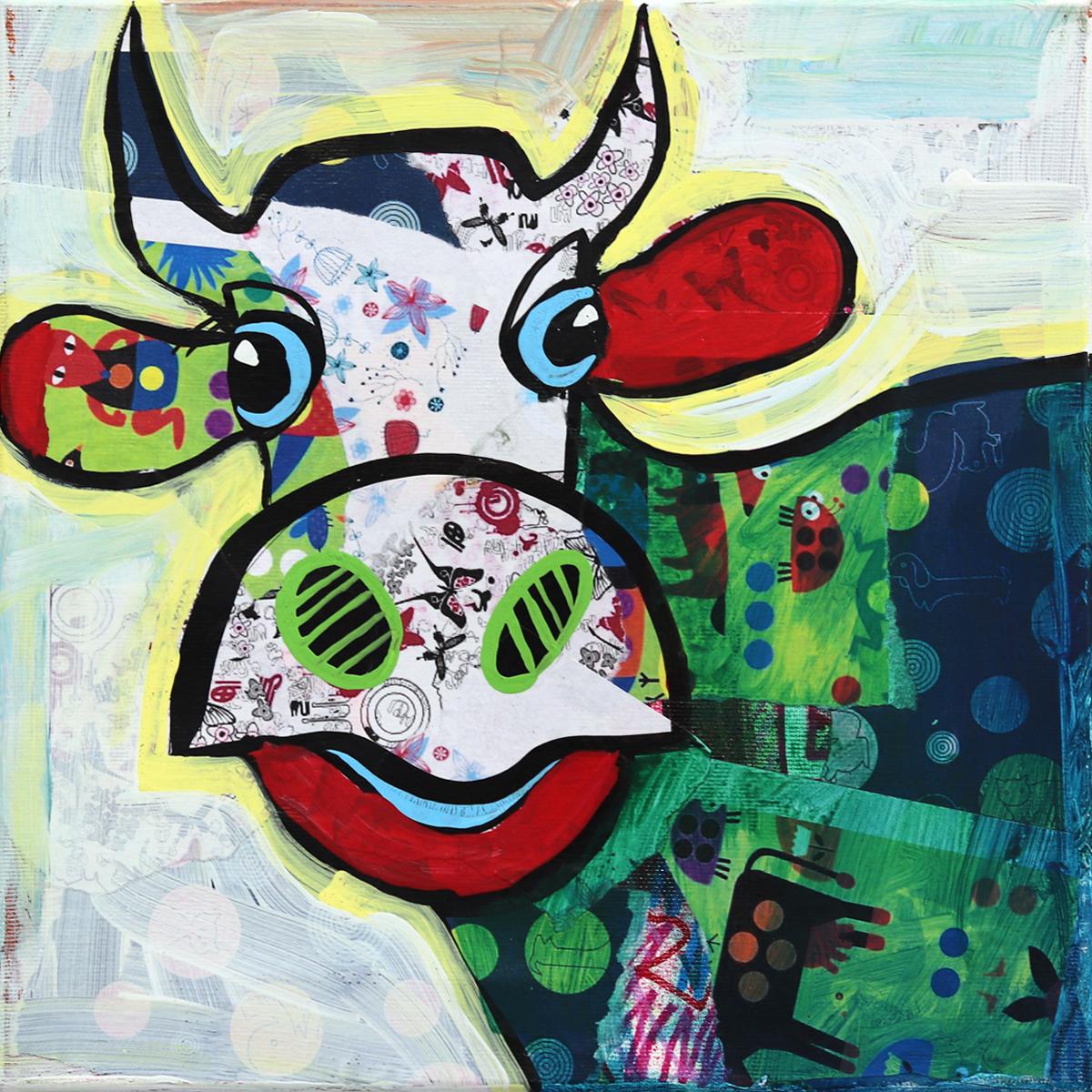 Animal Painting Fredi Gertsch - Darling Darla - Peinture d'animaux Pop Art originale - Happy Green Cow