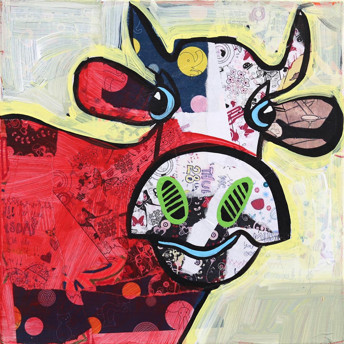 Superbe peinture d'animaux géorgienne originale - Happy Pop Art - Peinture de vache rouge - Mixed Media Art de Fredi Gertsch