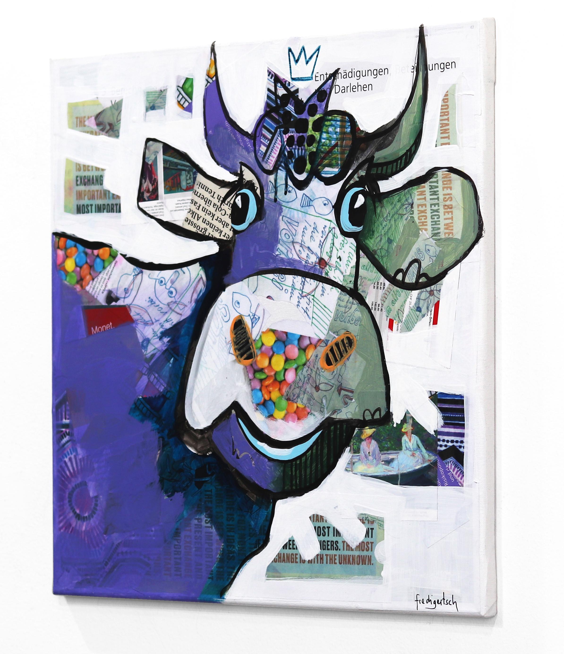 Jolly Julie - Purple Pop Art Vaca Obra de Arte Original sobre Lienzo - Animal Painting Gris de Fredi Gertsch