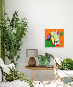 Pretty Petunia - Original Pop Art Colorful Cow Animal Painting on Orange