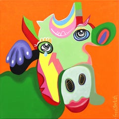 Pretty Petunia - Original Pop Art Colorful Cow Animal Painting on Orange