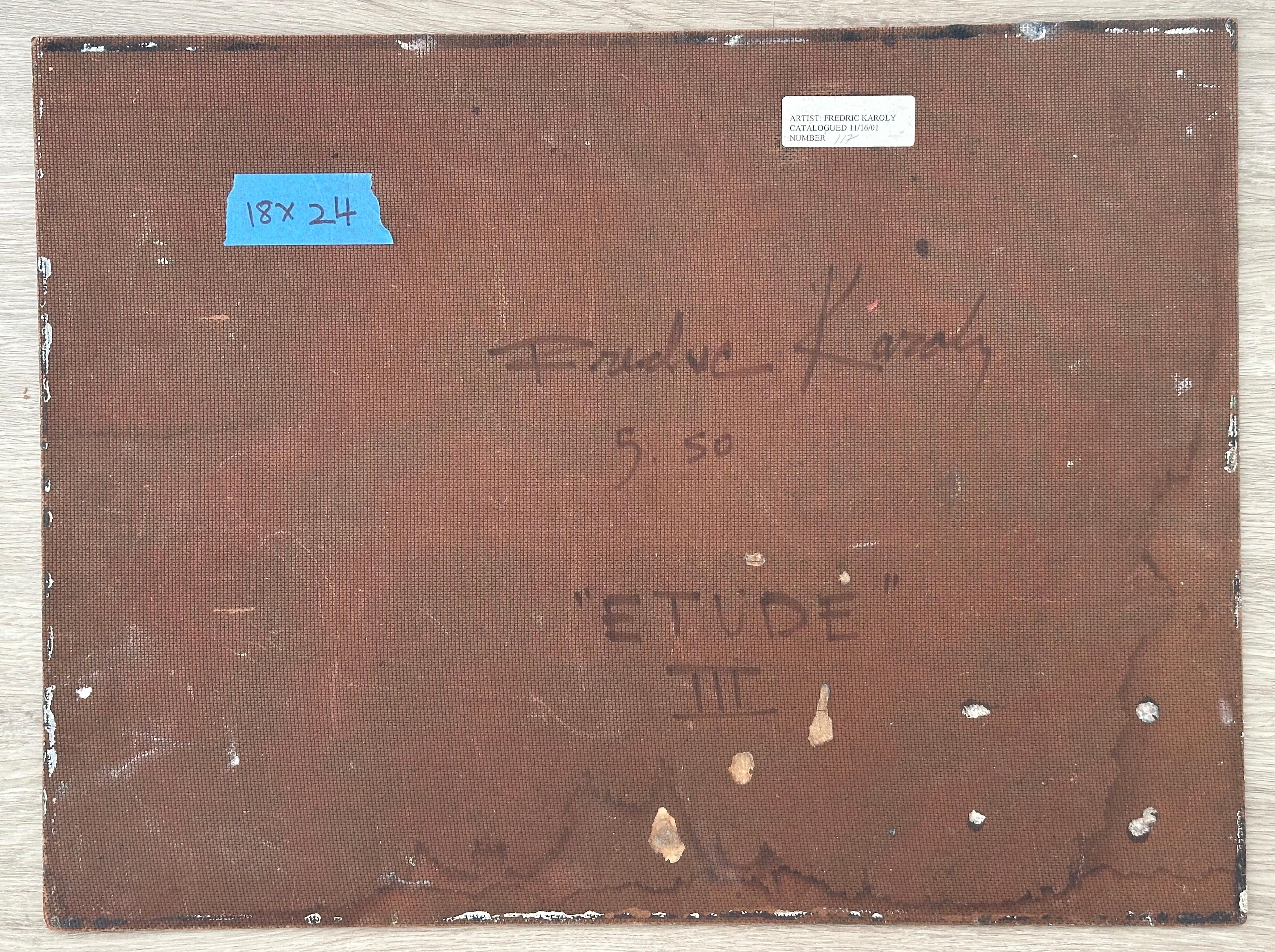 Fredric Karoly (1898-1987). Etude III, 1950.  L'olio su pannello di masonite misura 18 x 24 pollici. Senza cornice. Firmato, intitolato e datato sul retro. Buone condizioni con lievi perdite di vernice ai bordi. 

Biografia:

Pittore astratto,