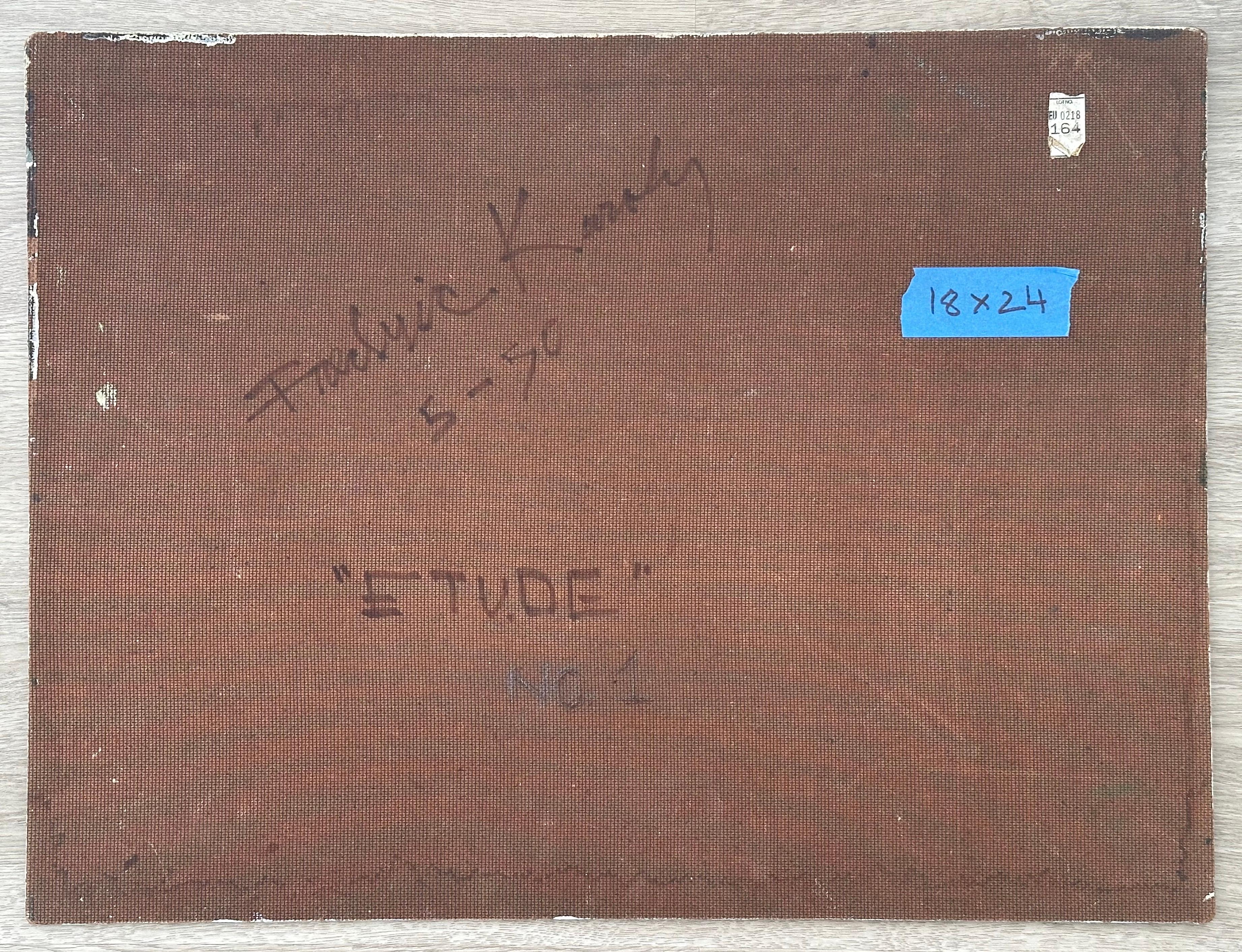 Fredric Karoly (1898-1987). Etude, 1950.  L'olio su pannello di masonite misura 18 x 24 pollici. Senza cornice. Firmato, intitolato e datato sul retro. Buone condizioni con lievi perdite di vernice ai bordi. 

Biografia:

Pittore astratto, Karoly è