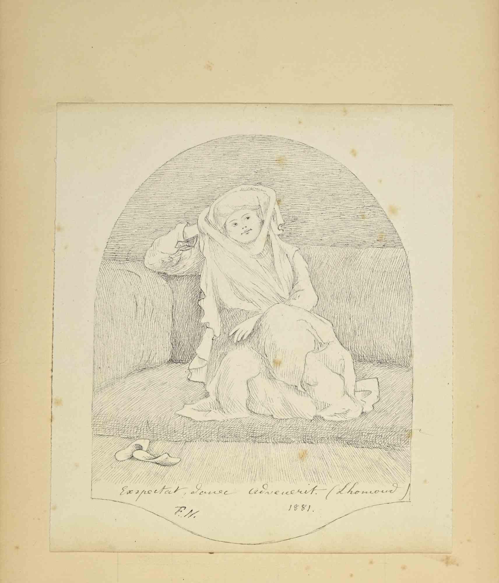 Man with Turban is a lithograph print on paper realized in 1881 by Fredrich Neff ( 1851- 1894).

Monogrammed on the lower F.N. and dated.

Written "Exspectat, danse unvenerit. (thomond)"

Good conditions with slight foxing and yellowish stains