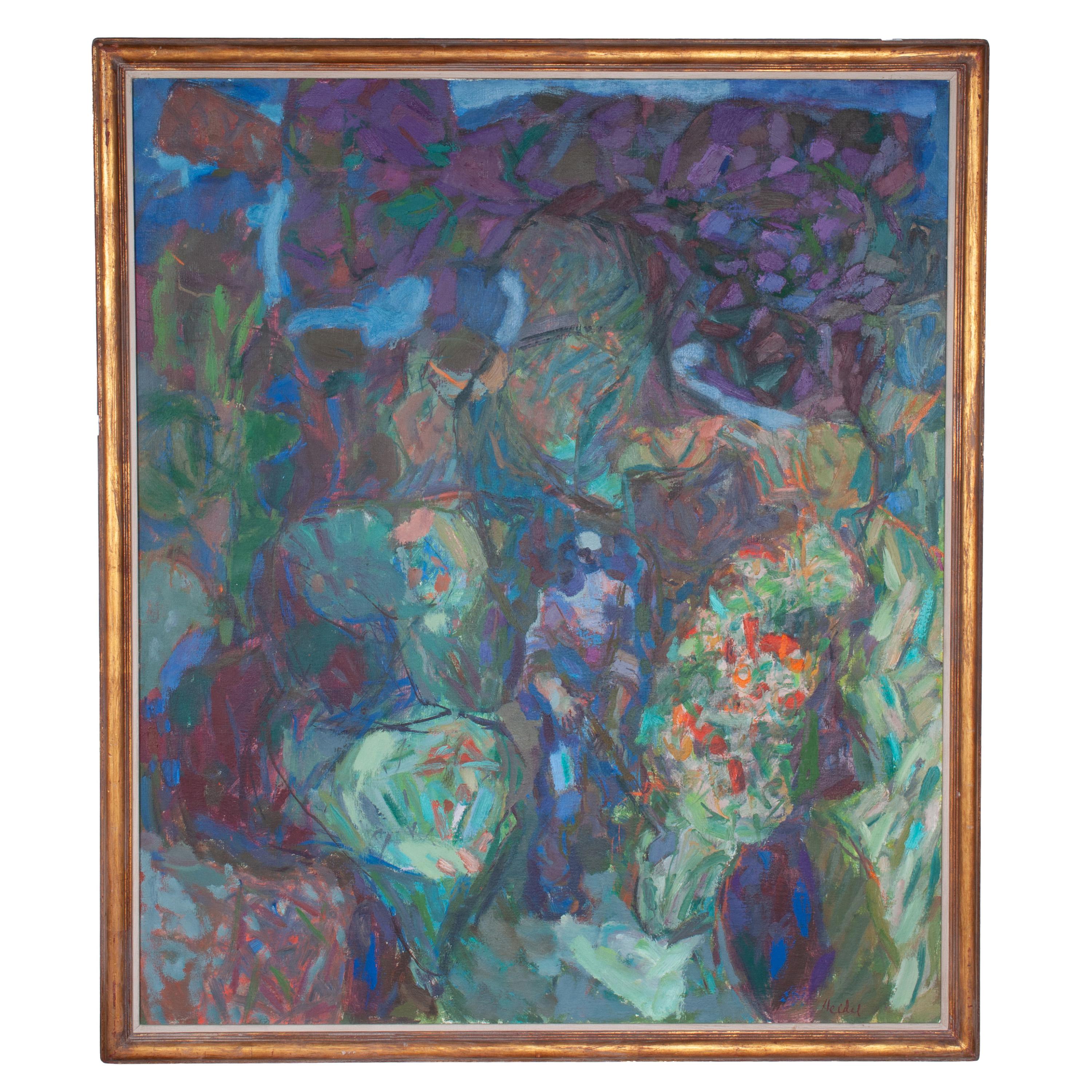 Abstract Painting de Fredrick Heidel - Gran cuadro al óleo expresionista abstracto americano "Paisaje azul" Oregón 1955