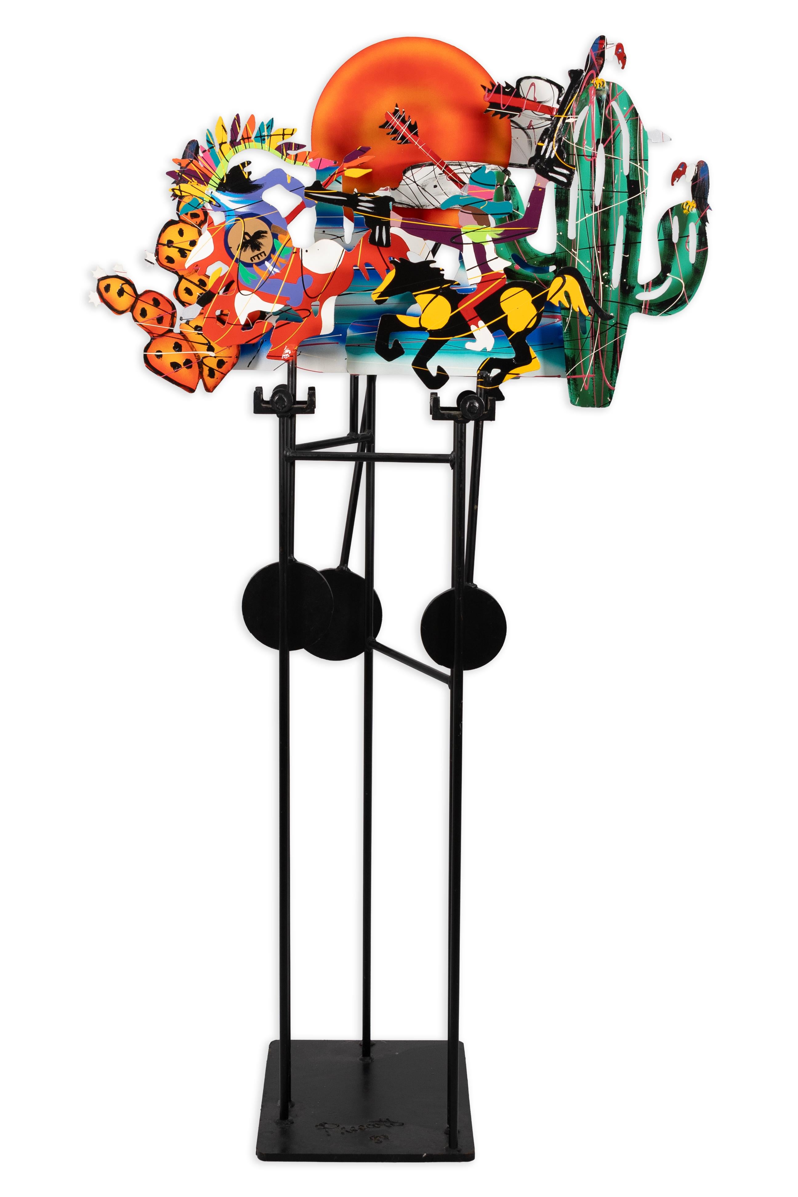 A vibrant kinetic steel sculpture titled 