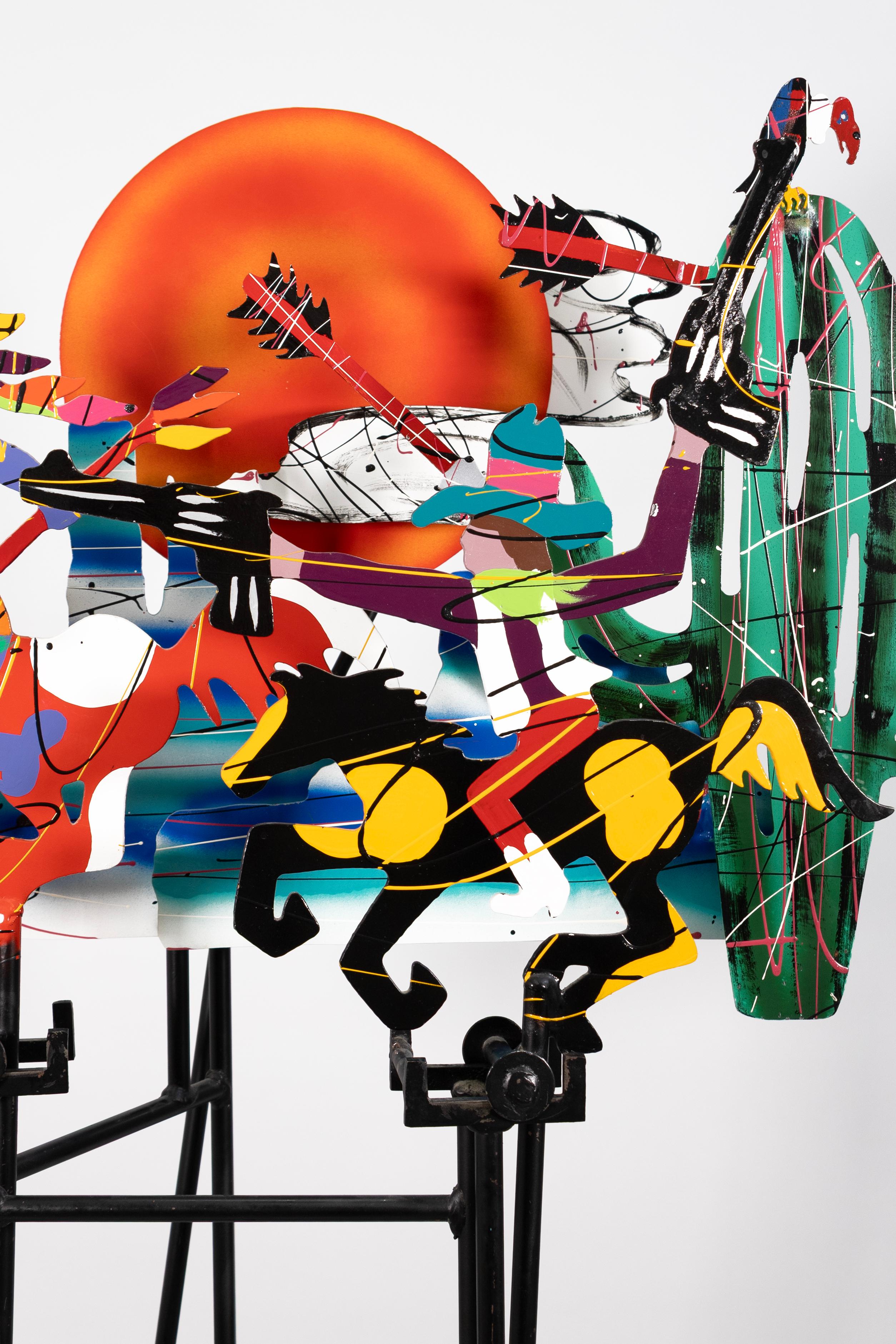 American Fredrick Prescott – Cowboys And Indians, 1987 Signed Kinetic Steel Sculpture For Sale