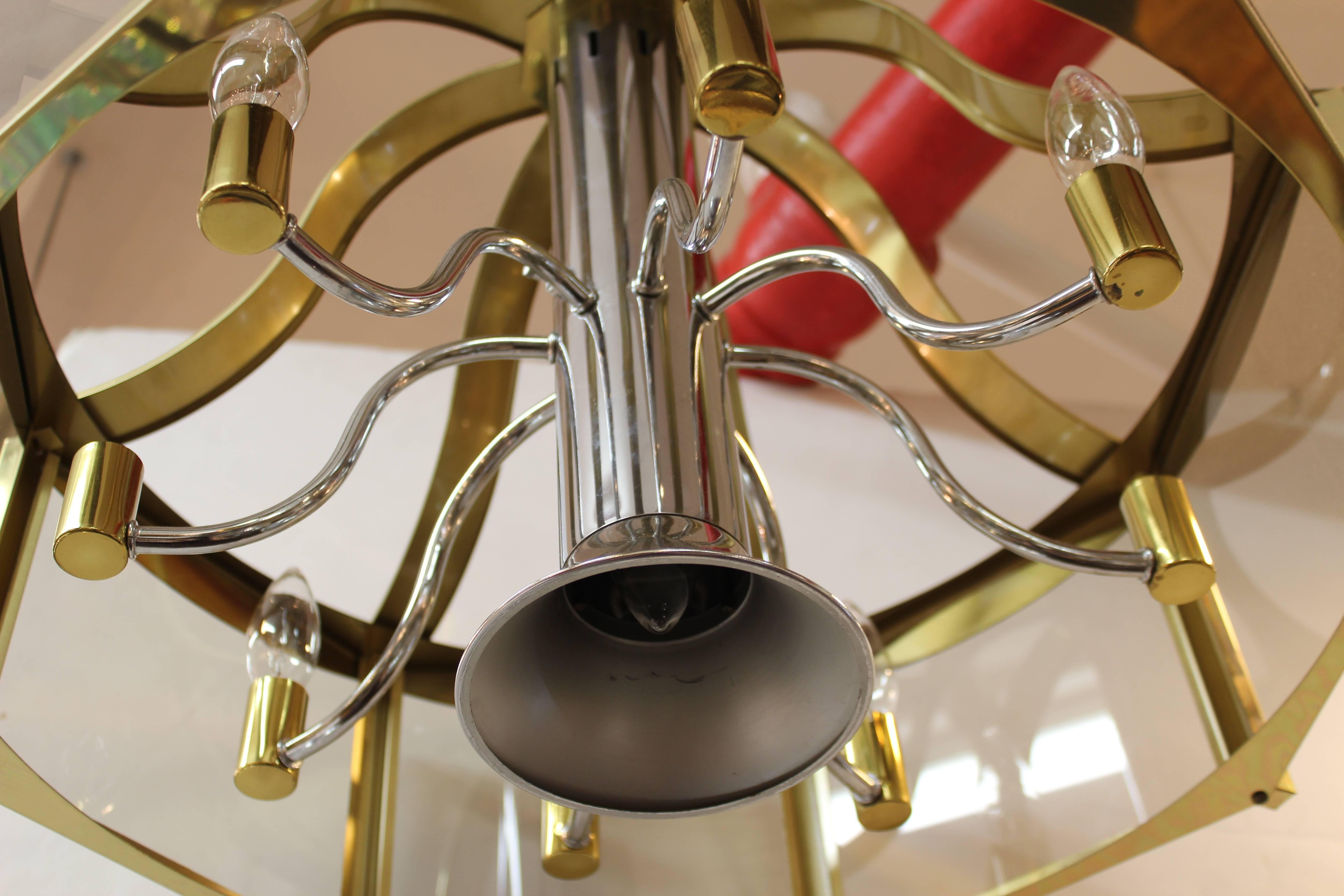 Mid-Century Modern Fredrick Ramond Chandelier with Glass Panels in Brass and Chrome