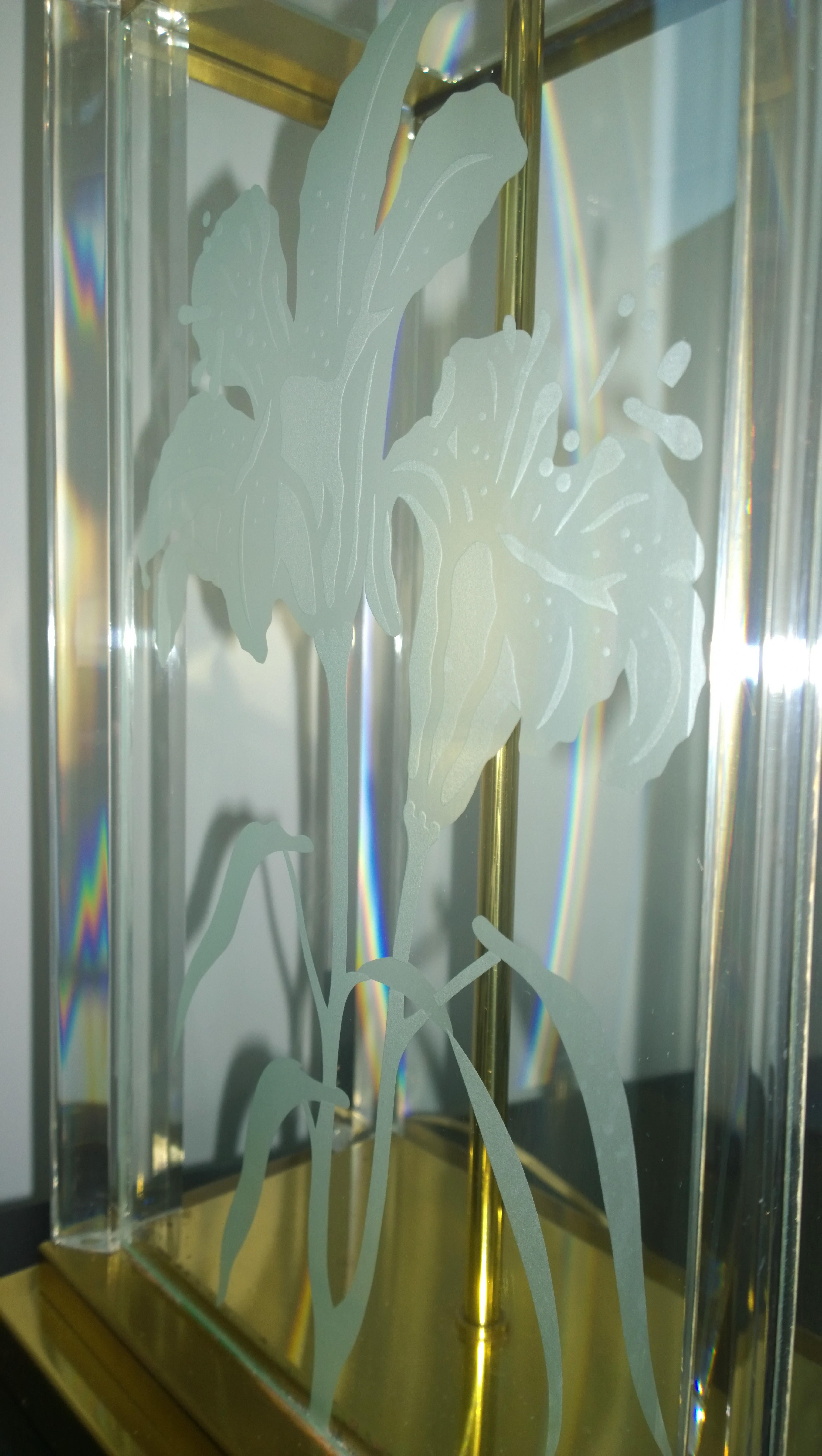 Acrylic F Ramond Floral Etched Frosted Glass w/ Lucite Accents & Brass Frame Table Lamp