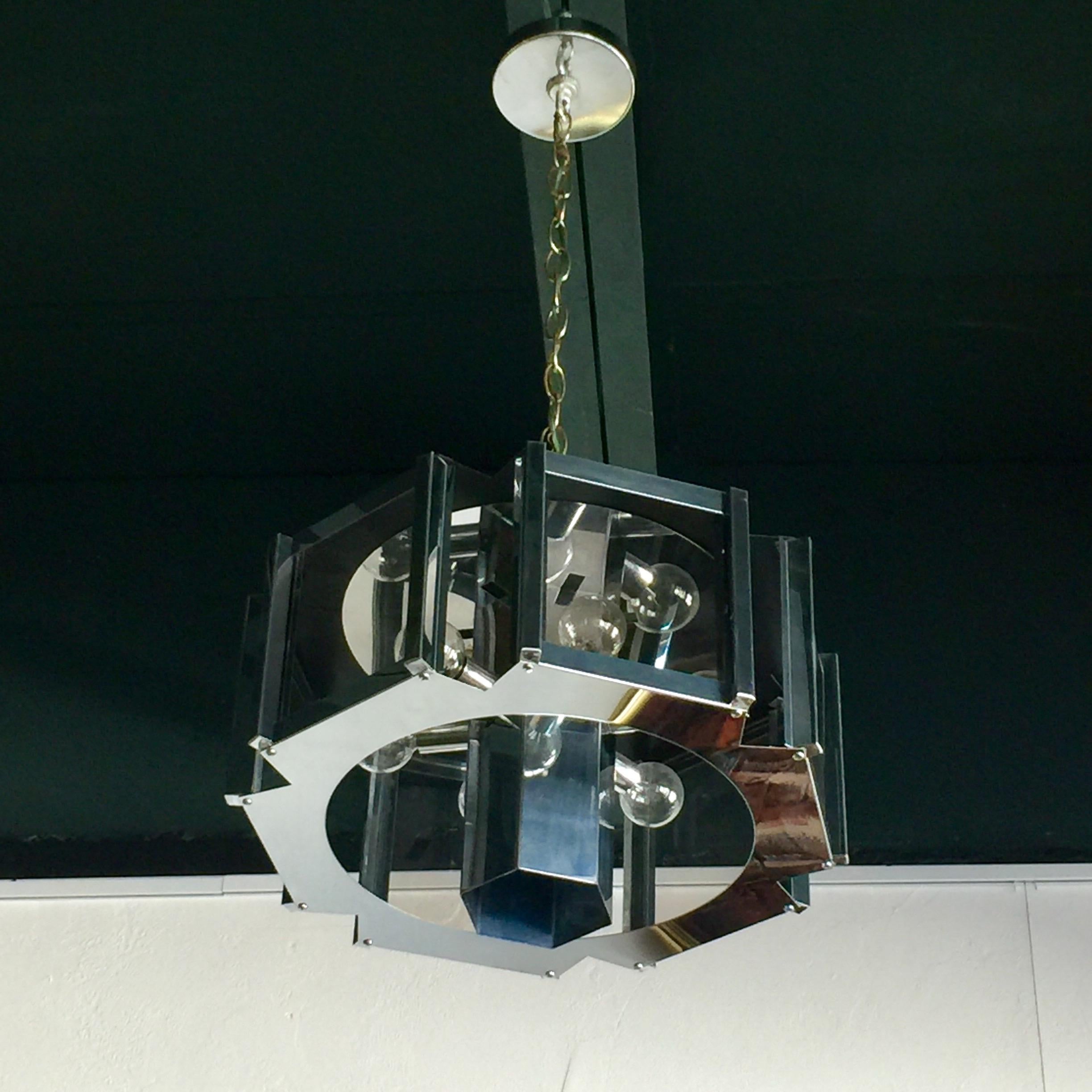 Fredrick Ramond Hexagonal Chrome and Smoked Glass Chandelier, USA, circa 1970s For Sale 10