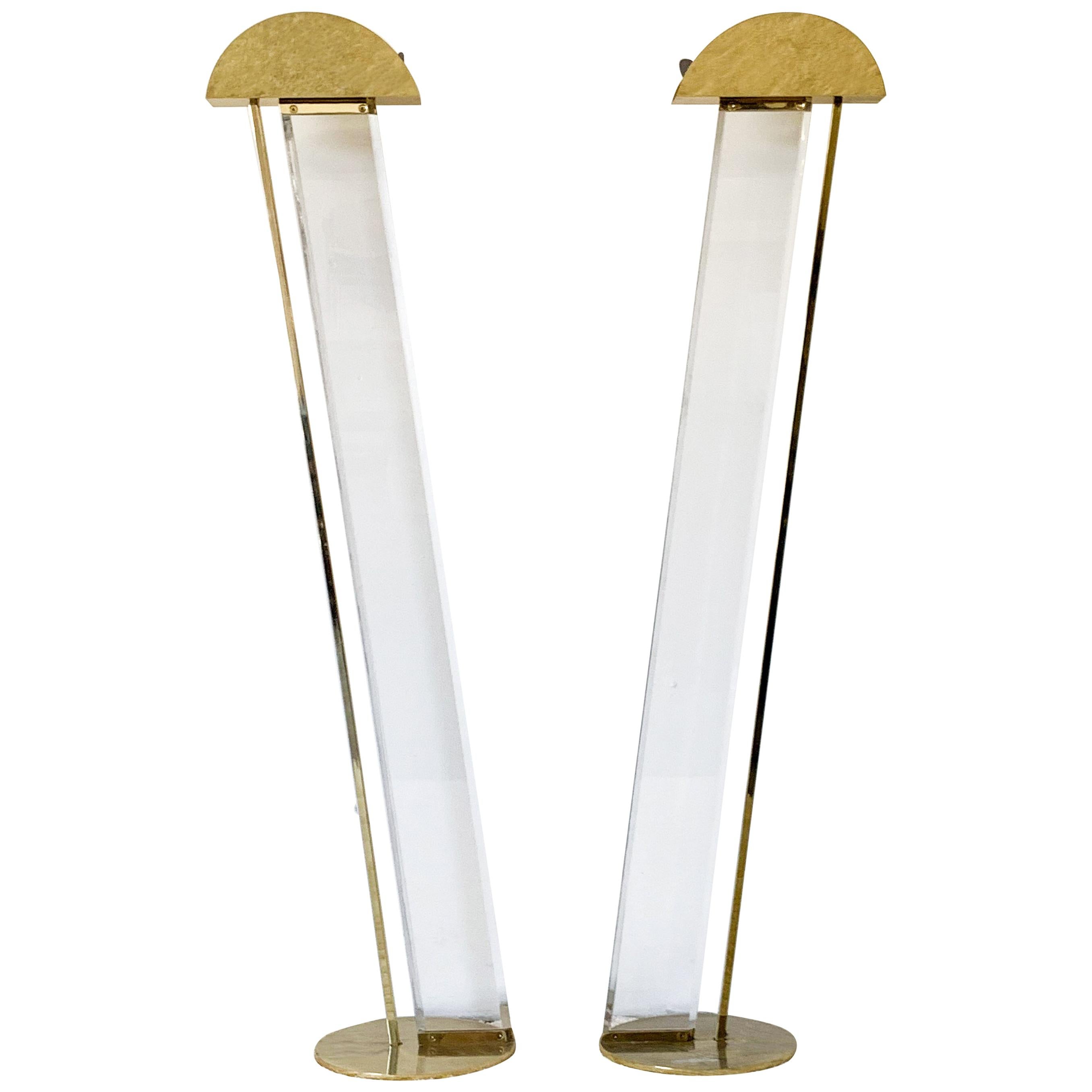 Fredrick Ramond Hollywood Regency Lucite and Brass Floor Lamps, A Pair