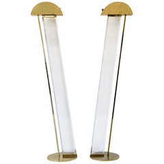 Retro Fredrick Ramond Hollywood Regency Lucite and Brass Floor Lamps, A Pair