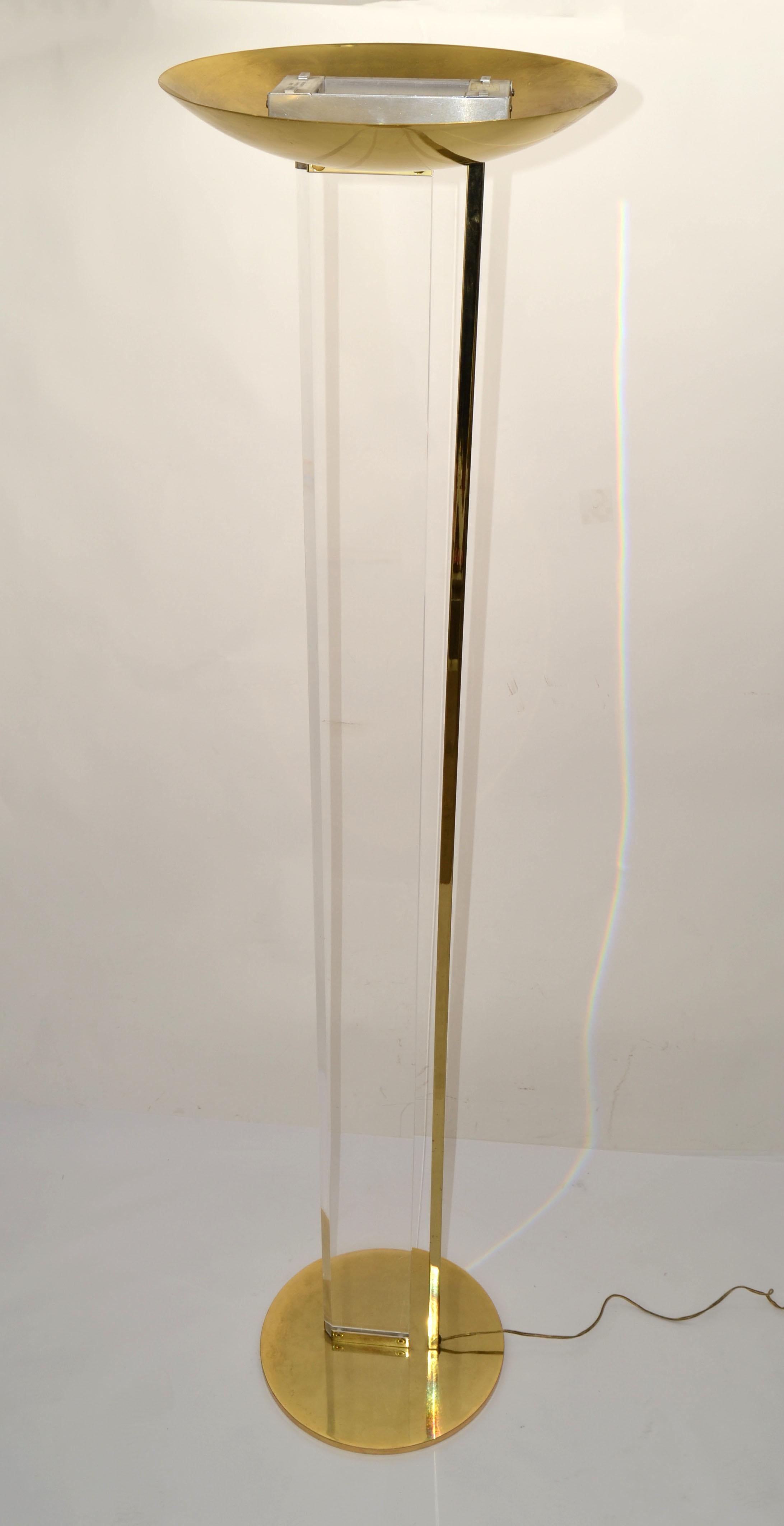 Late 20th Century Fredrick Ramond Uplighter Lucite Brass Tall Floor Lamp Mid-Century Modern 1986 For Sale