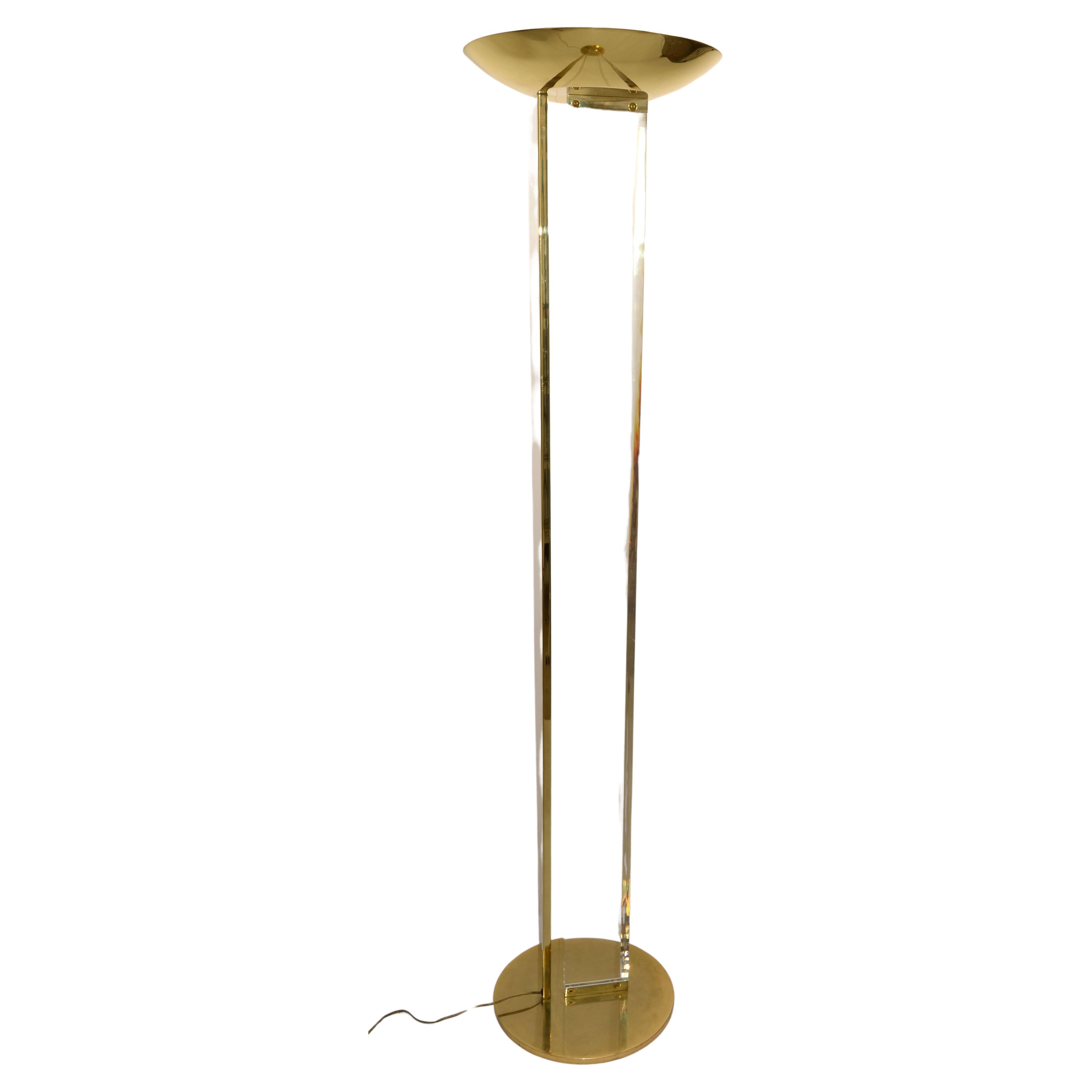 Fredrick Ramond Uplighter Lucite Brass Tall Floor Lamp Mid-Century Modern 1986 For Sale