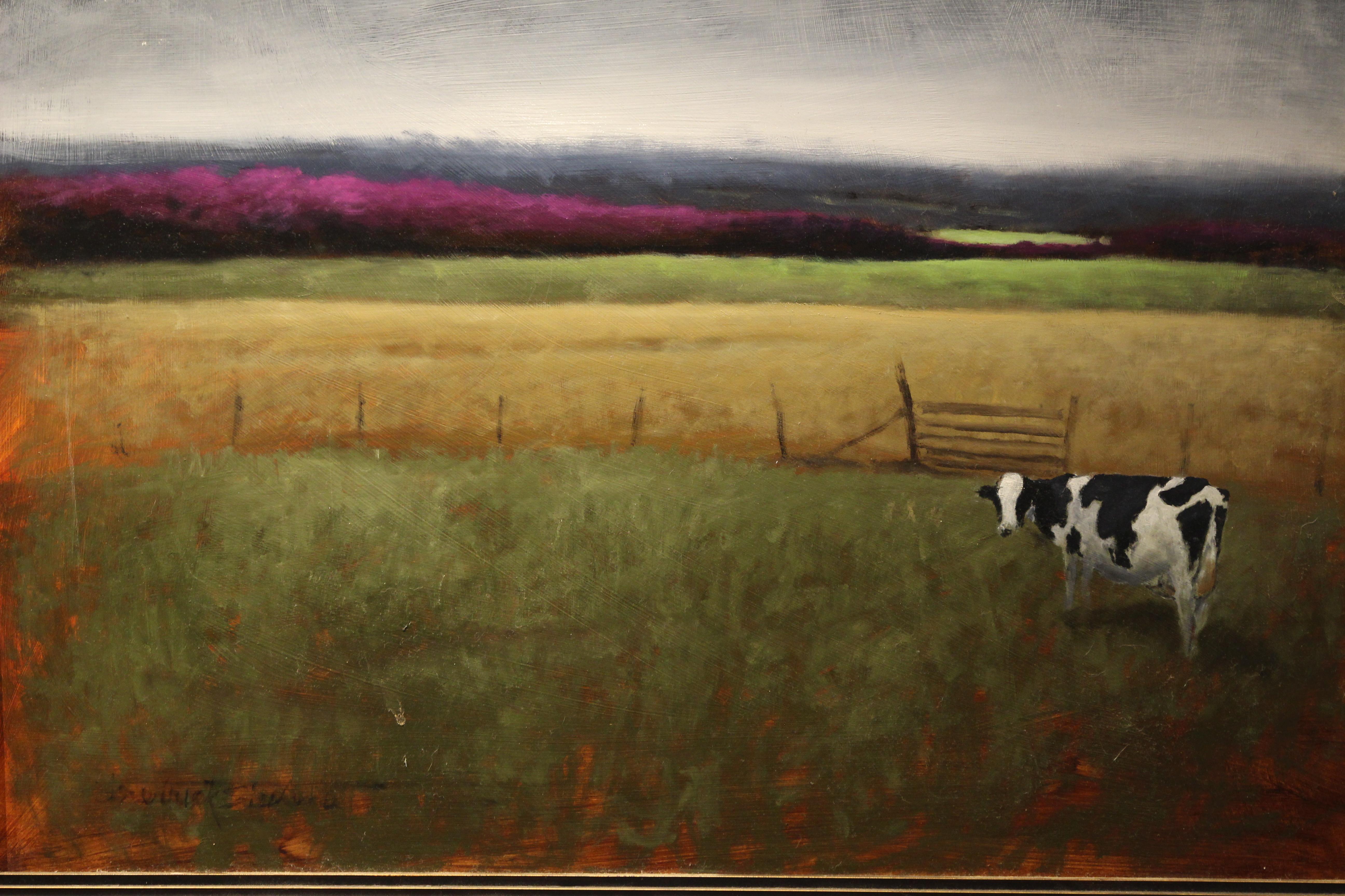 Fredrick Stephens Animal Painting -  Mrs. Bailey's Cow,  Tonalism, fiery landscape, Utah artist, Cows