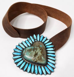 Fredrico Jimenez Turquoise & Sterling Silver Heart Brown Leather Belt