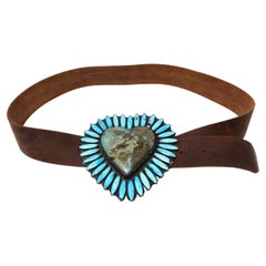 Fredrico Jimenez Turquoise & Sterling Silver Heart Brown Leather Belt