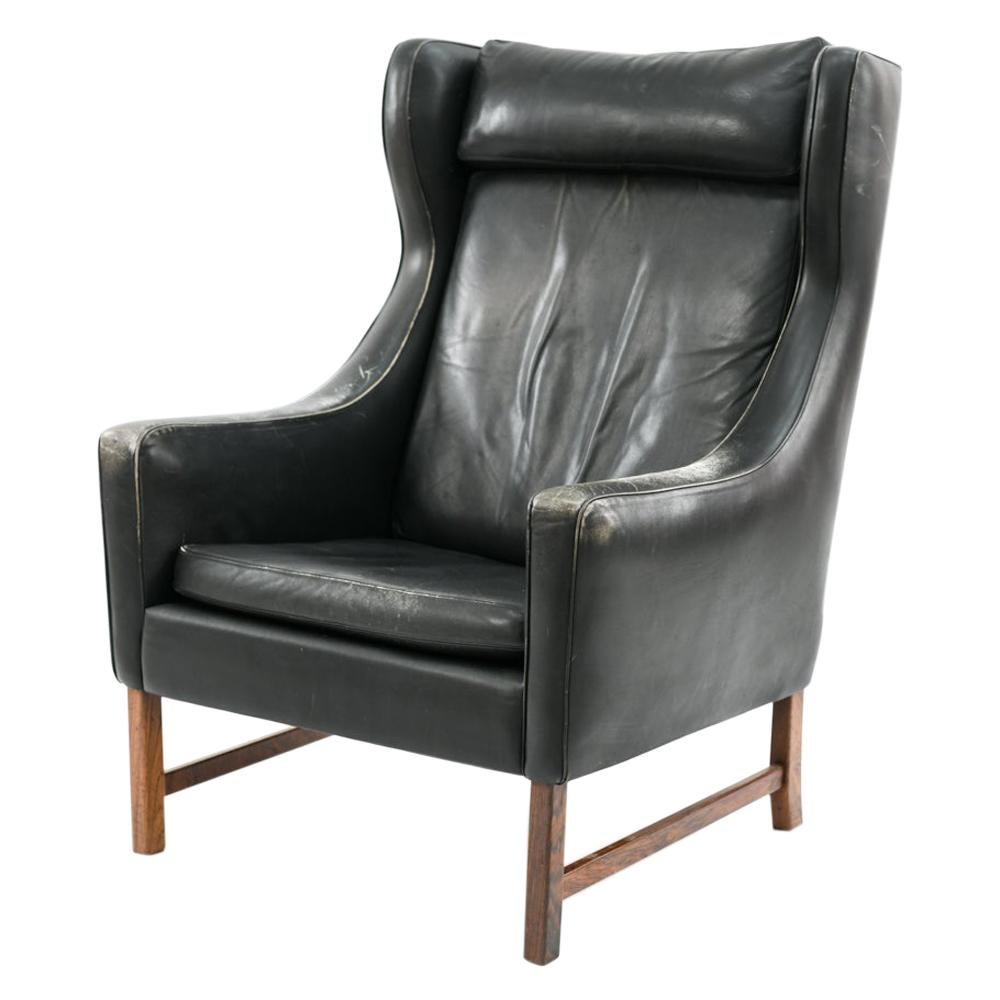 Fredrik Kayser for Vatne Leather and Rosewood Wingback Lounge Chair