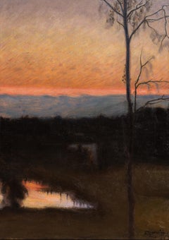 Reflets dorés du coucher de soleil sur un ruisseau dans le silence du soir