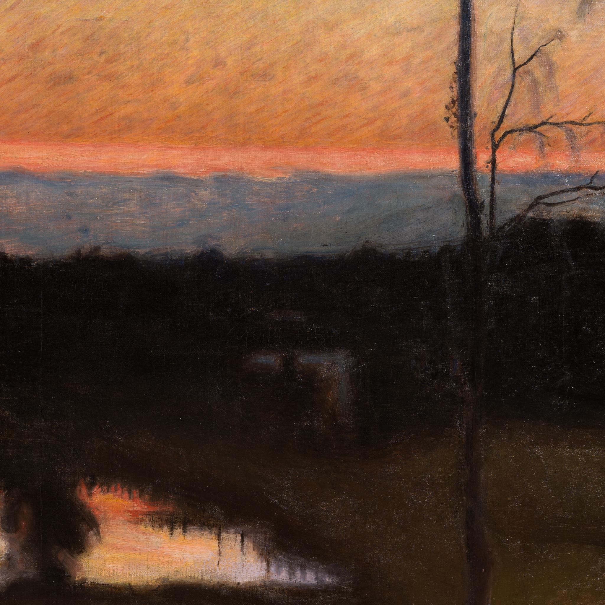 Goldene Sonnenuntergangsreflexionen über einem Bach in der Abendstille im Angebot 3
