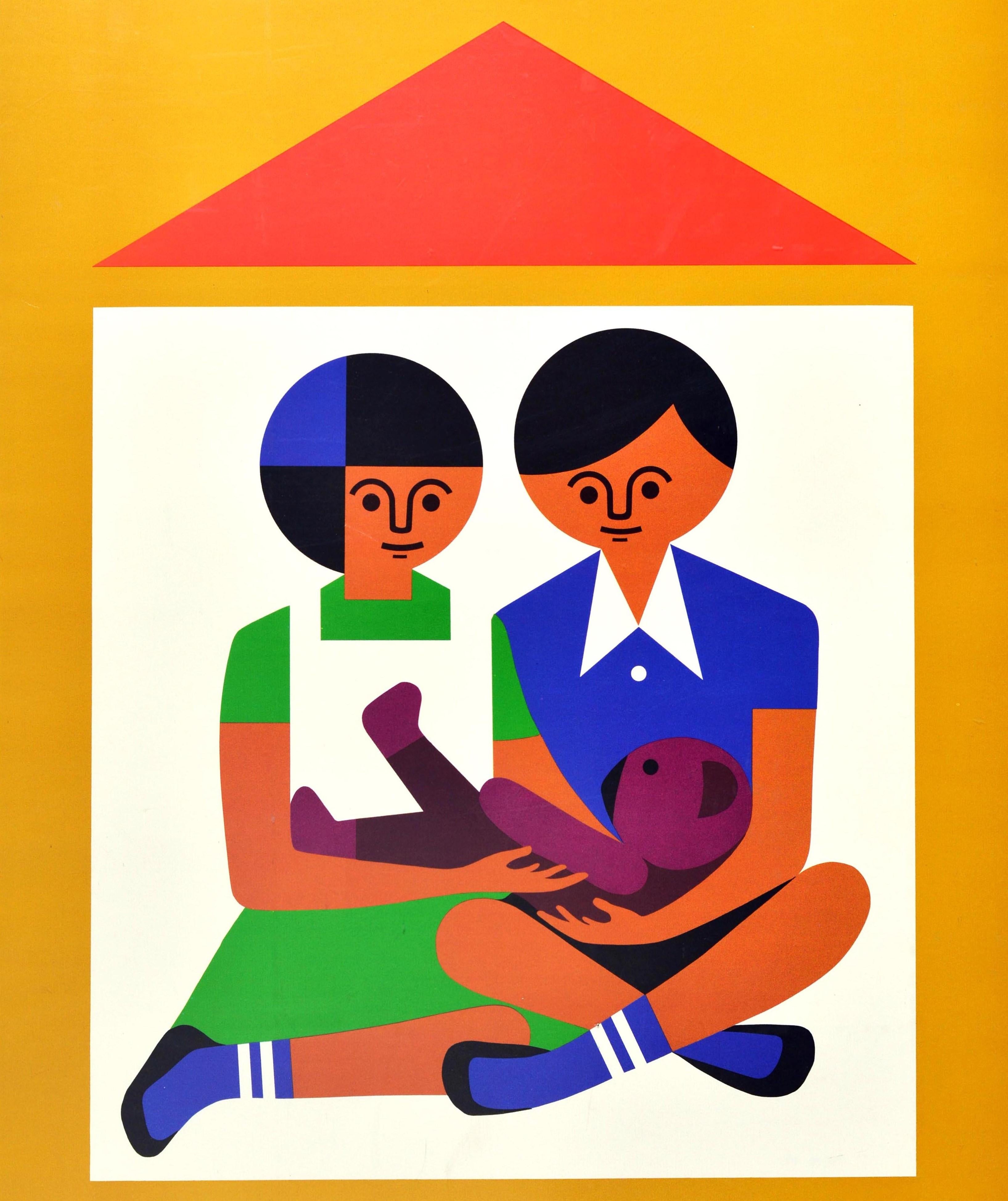 Original vintage advertising poster for the Creative Playthings educational toy shop in Manhattan New York featuring a fun and colourful graphic design by the South African toymaker and illustrator Fredun Shapur (b. 1929), showing a two children -