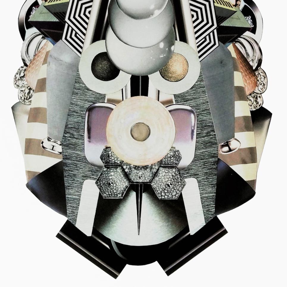Questa serie di collage analogici è costruita da precisi assemblaggi di frammenti stampati, formando composizioni simmetriche che suggeriscono entità o emissari di un ordine cosmico alternativo. L'opera integra risorse visive provenienti da