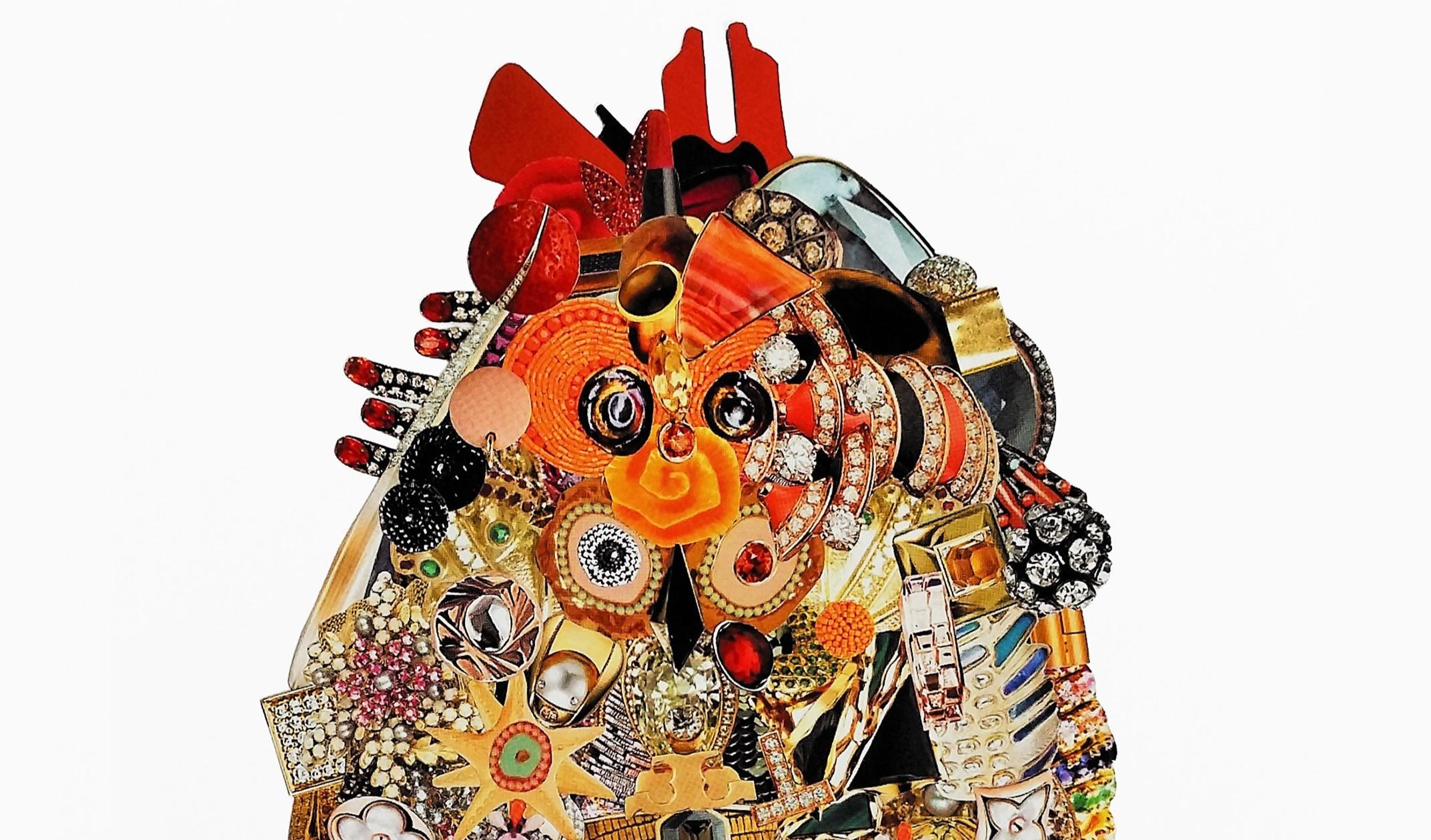 This series of analog collages is constructed from precise assemblages of printed fragments, forming symmetrical compositions that suggest entities or emissaries from an alternate cosmic order. The work integrates visual resources from contemporary