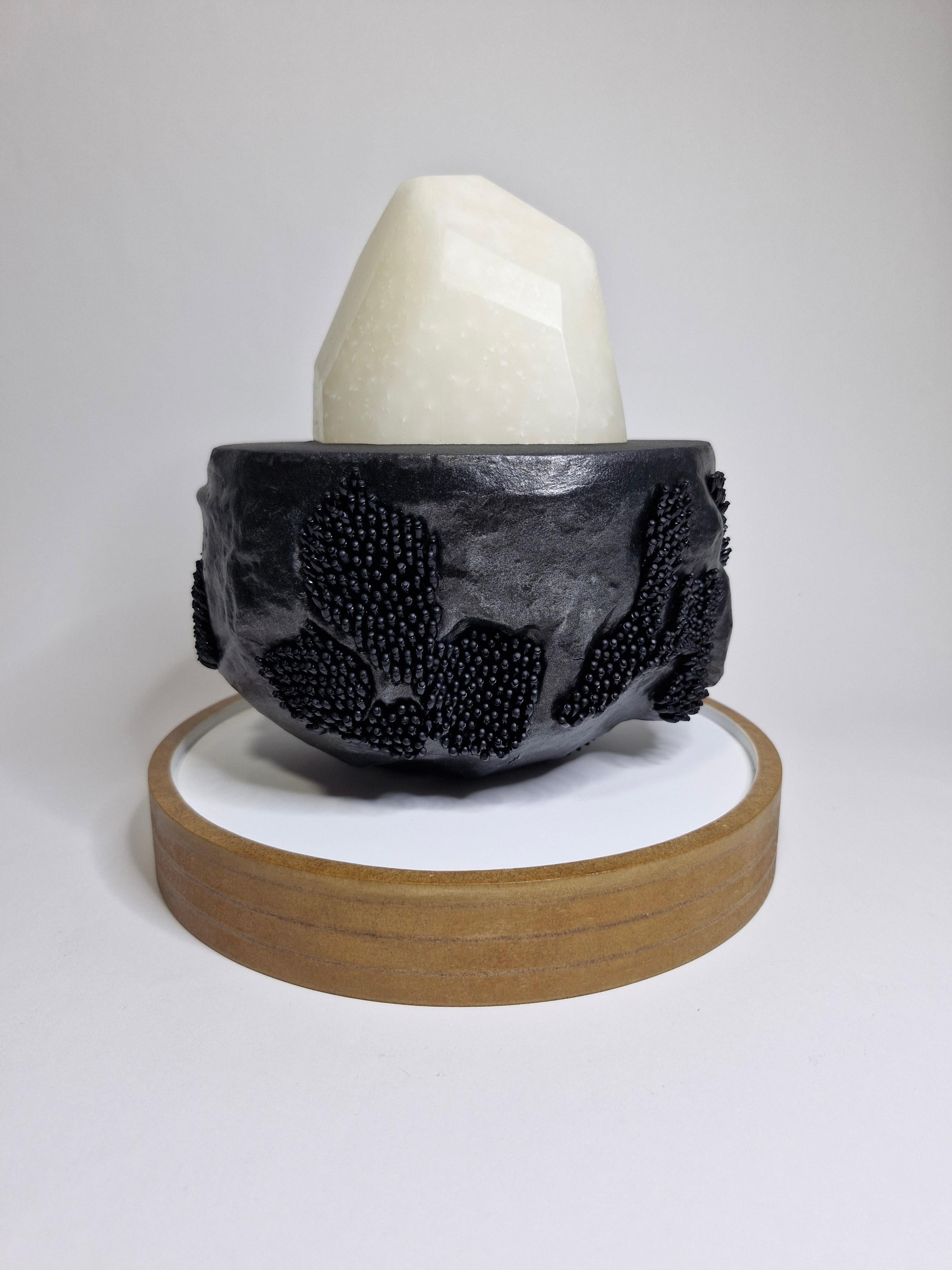 The artwork is a three-state model of an inorganic body, beginning with a black, alien-like rock formation, which gradually unfolds as it evolves, revealing its contents as a whitish crystal with unknown properties.

Serrano's artistic work centers