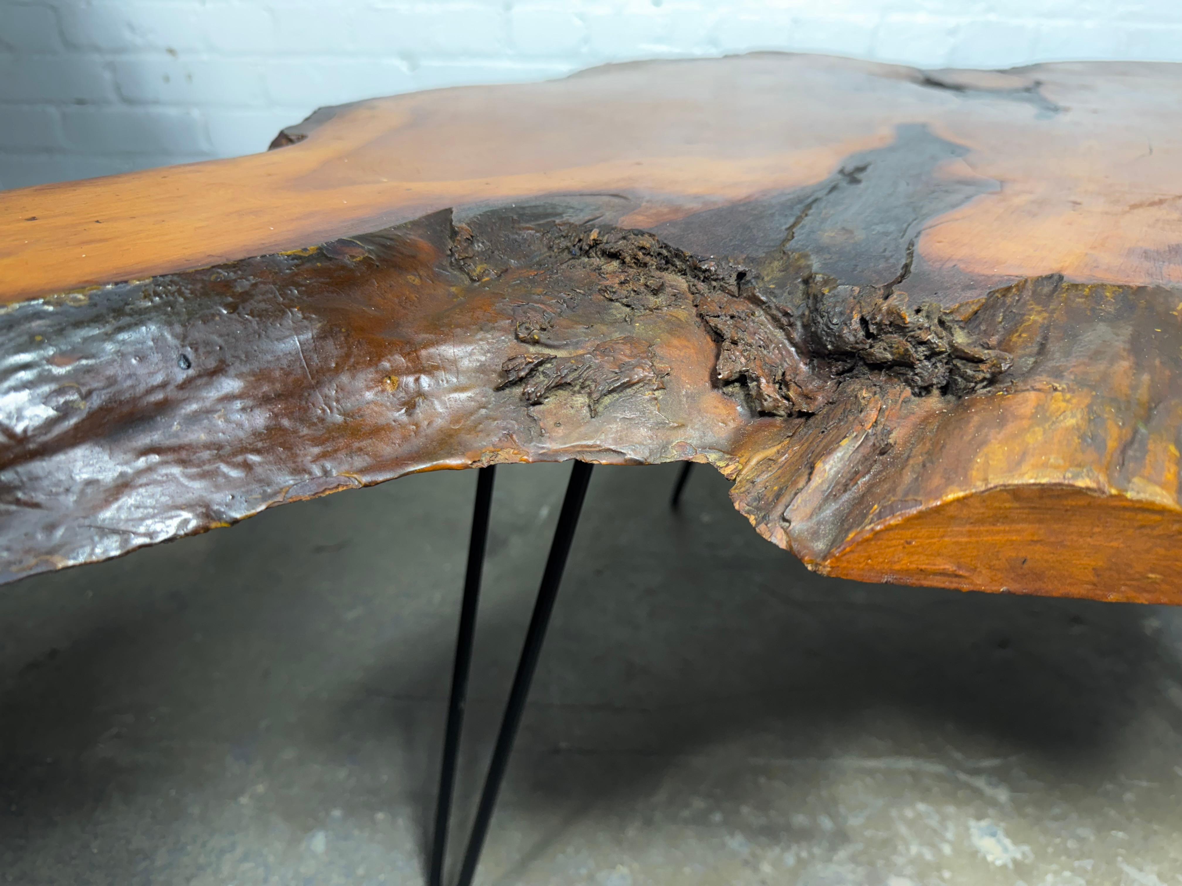 American Free edge cyprus slab table with iron legs , Classic Modernist Design For Sale