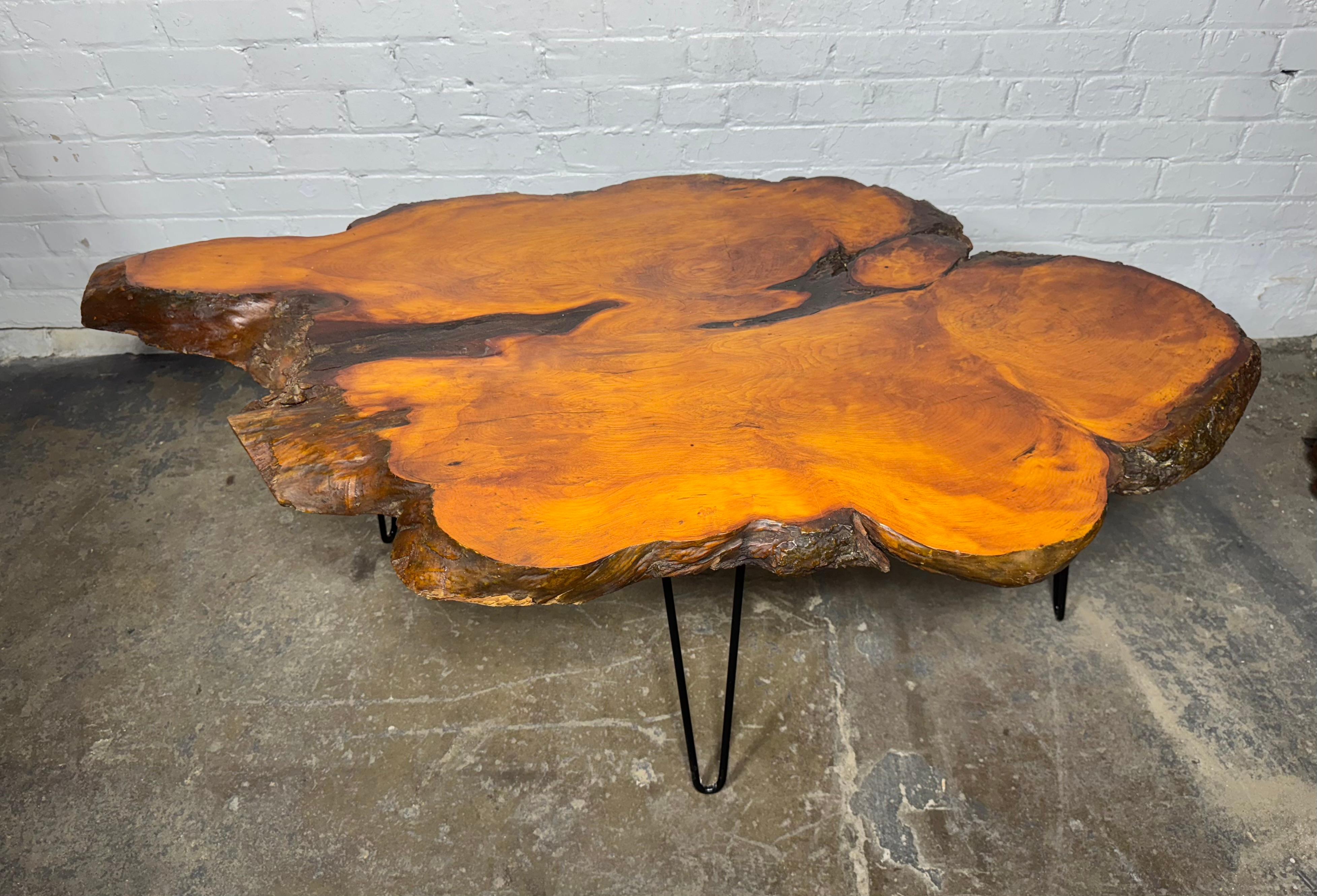 Free edge cyprus slab table with iron legs , Classic Modernist Design For Sale 1