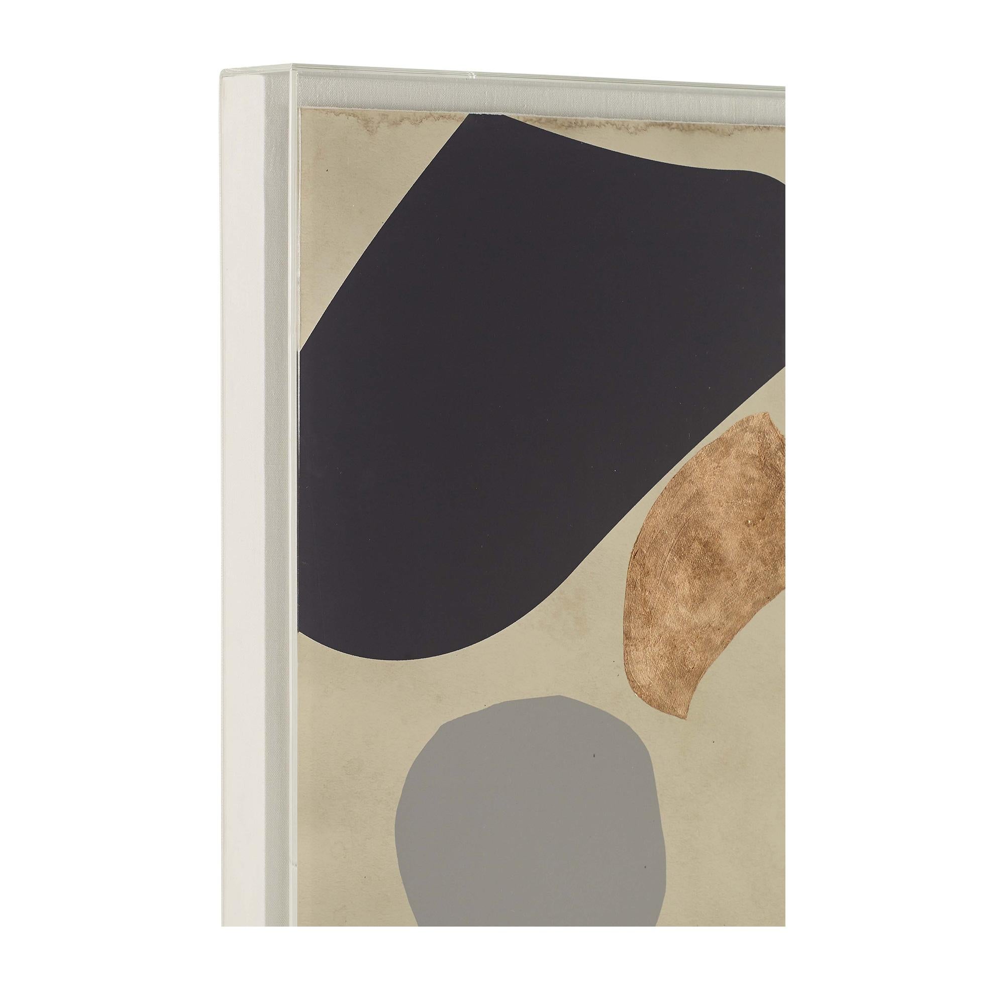 Free Float 1 is of a series of three modern abstract black, grey and metallic hand leafed giclee's printed on cotton archival watercolor paper with hand deckled edges. The art is then floated on linen and placed in an acrylic box. Made to order in